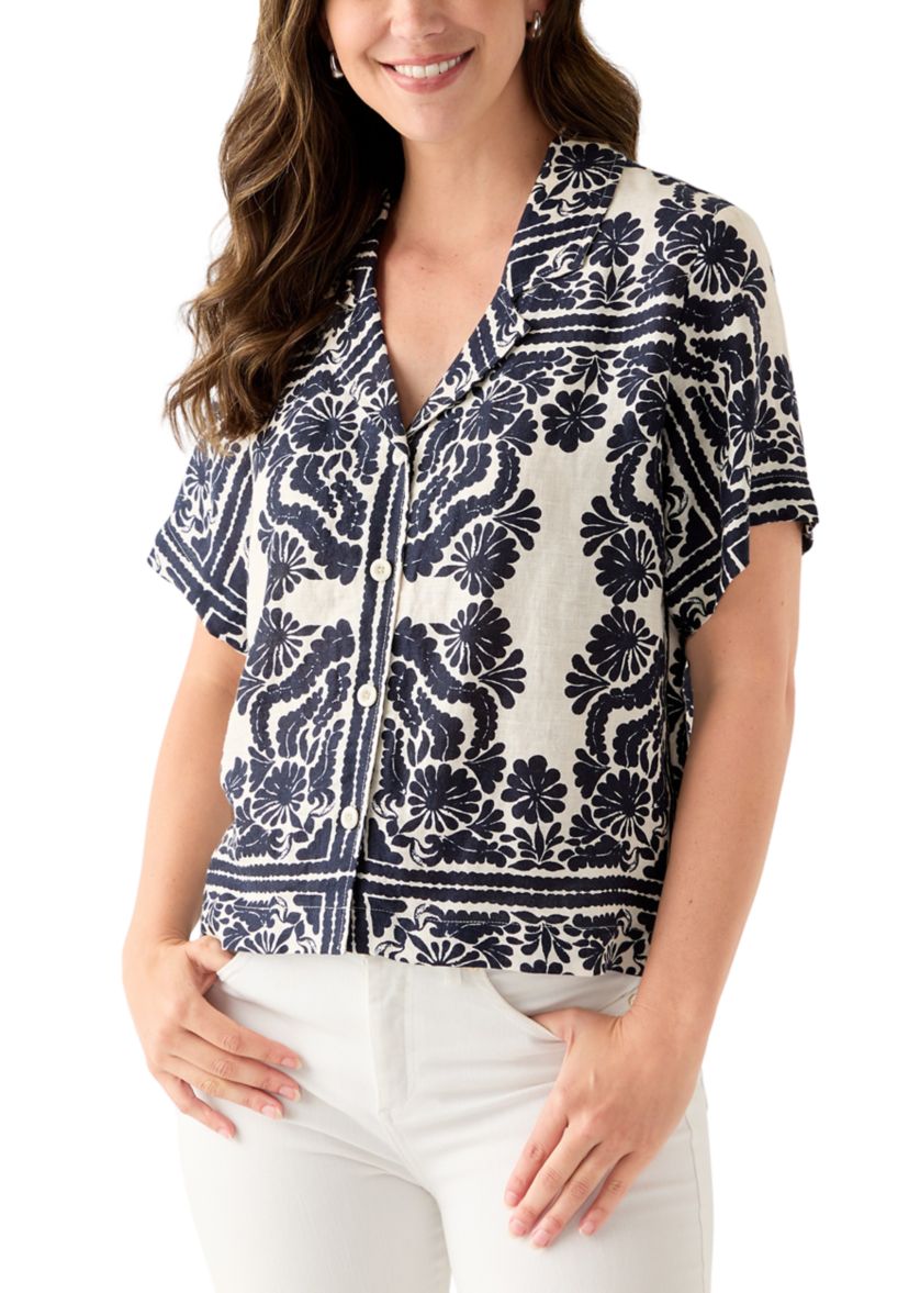  Womens Short-Sleeve Linen Printed Camp Shirt 