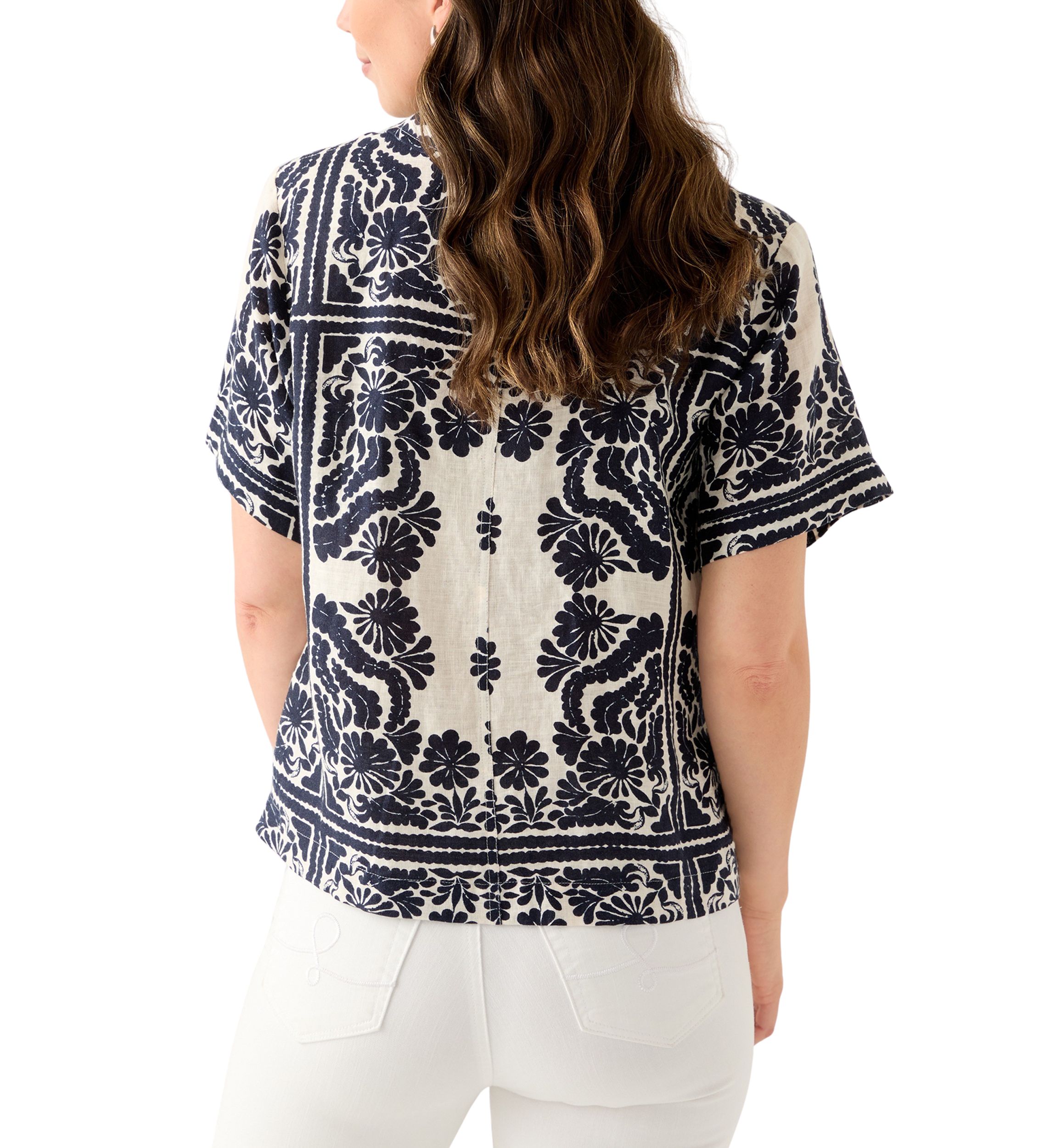  Womens Short-Sleeve Linen Printed Camp Shirt 