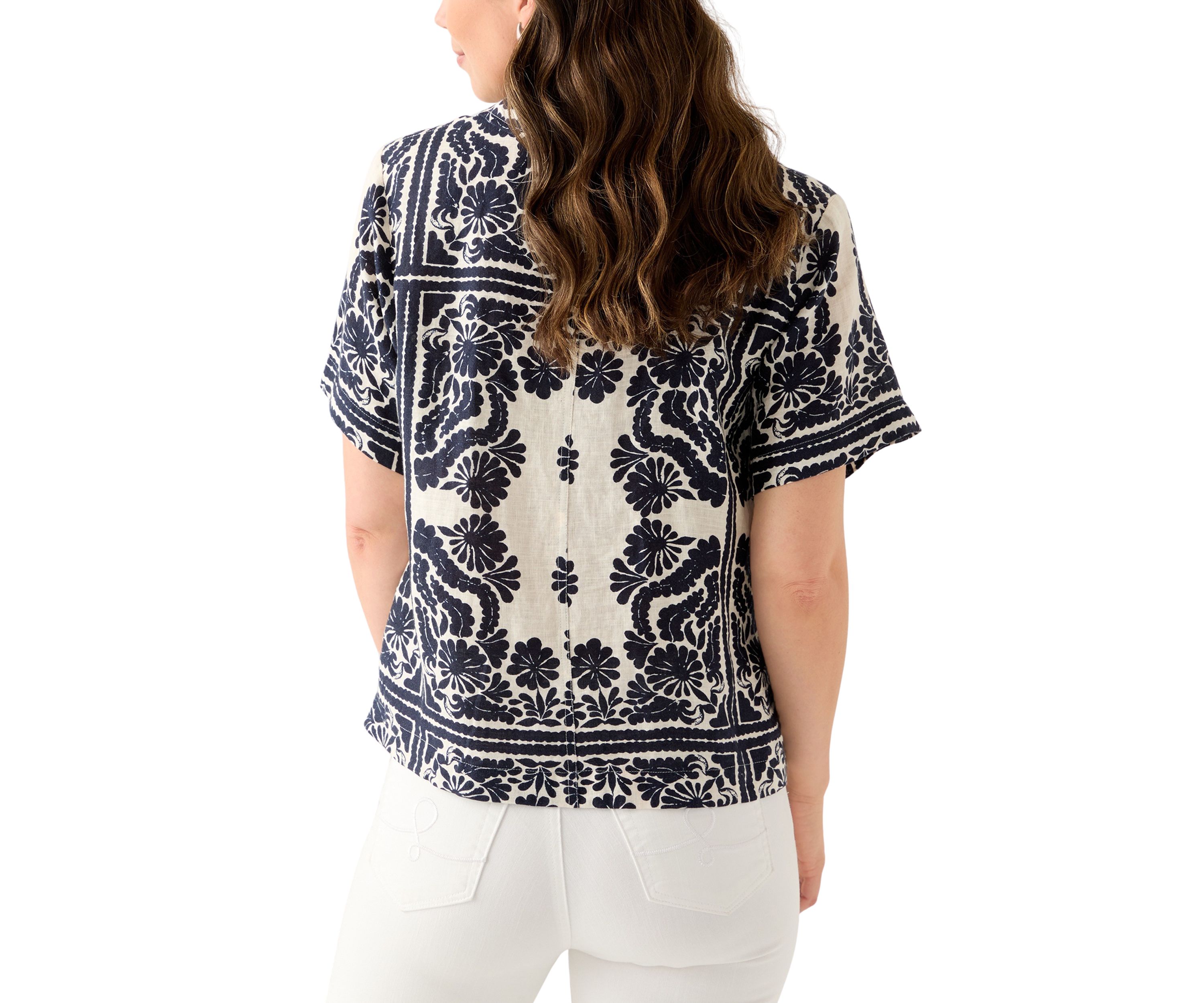  Womens Short-Sleeve Linen Printed Camp Shirt 