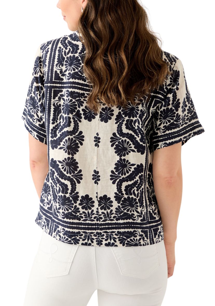  Womens Short-Sleeve Linen Printed Camp Shirt 