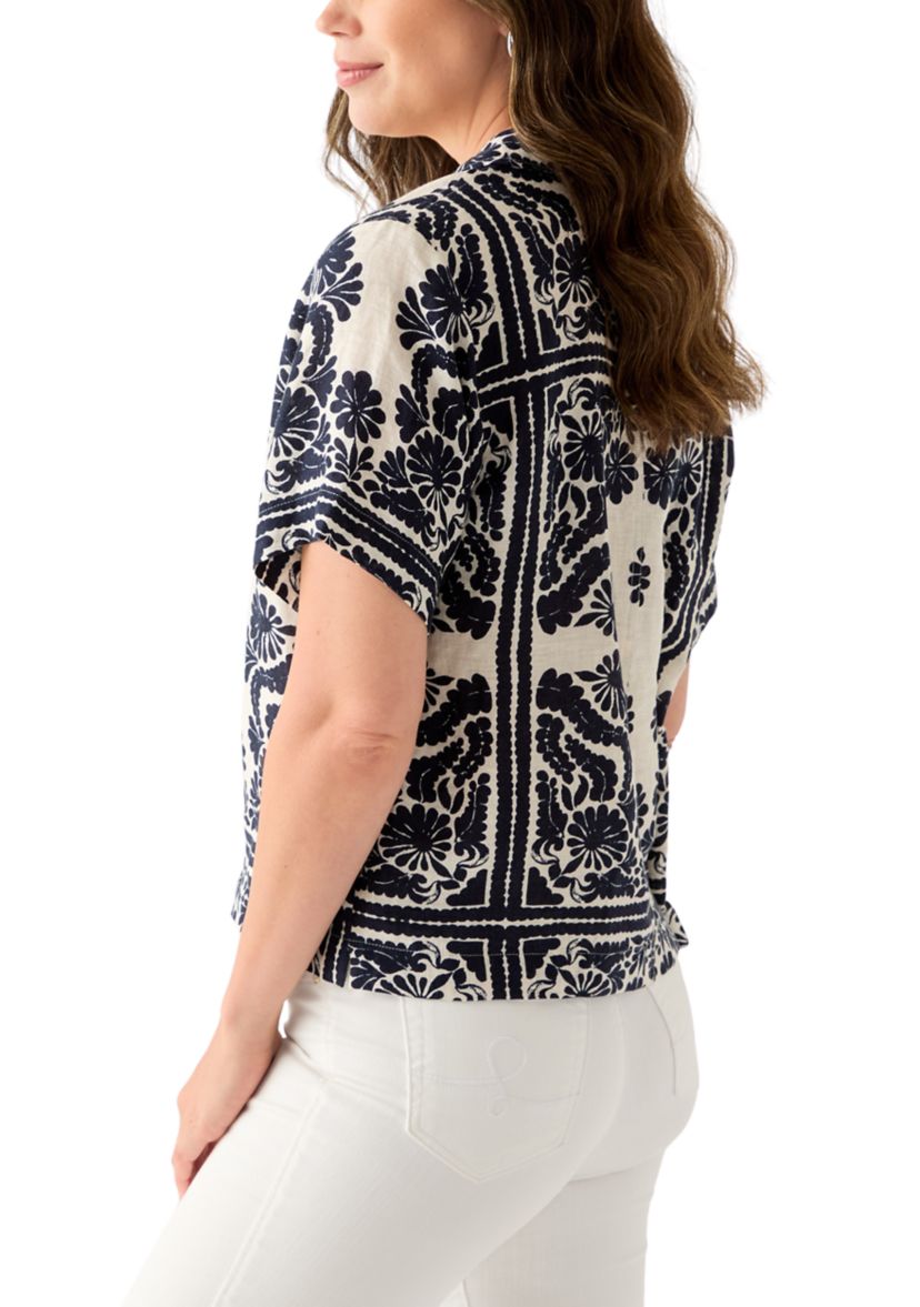  Womens Short-Sleeve Linen Printed Camp Shirt 