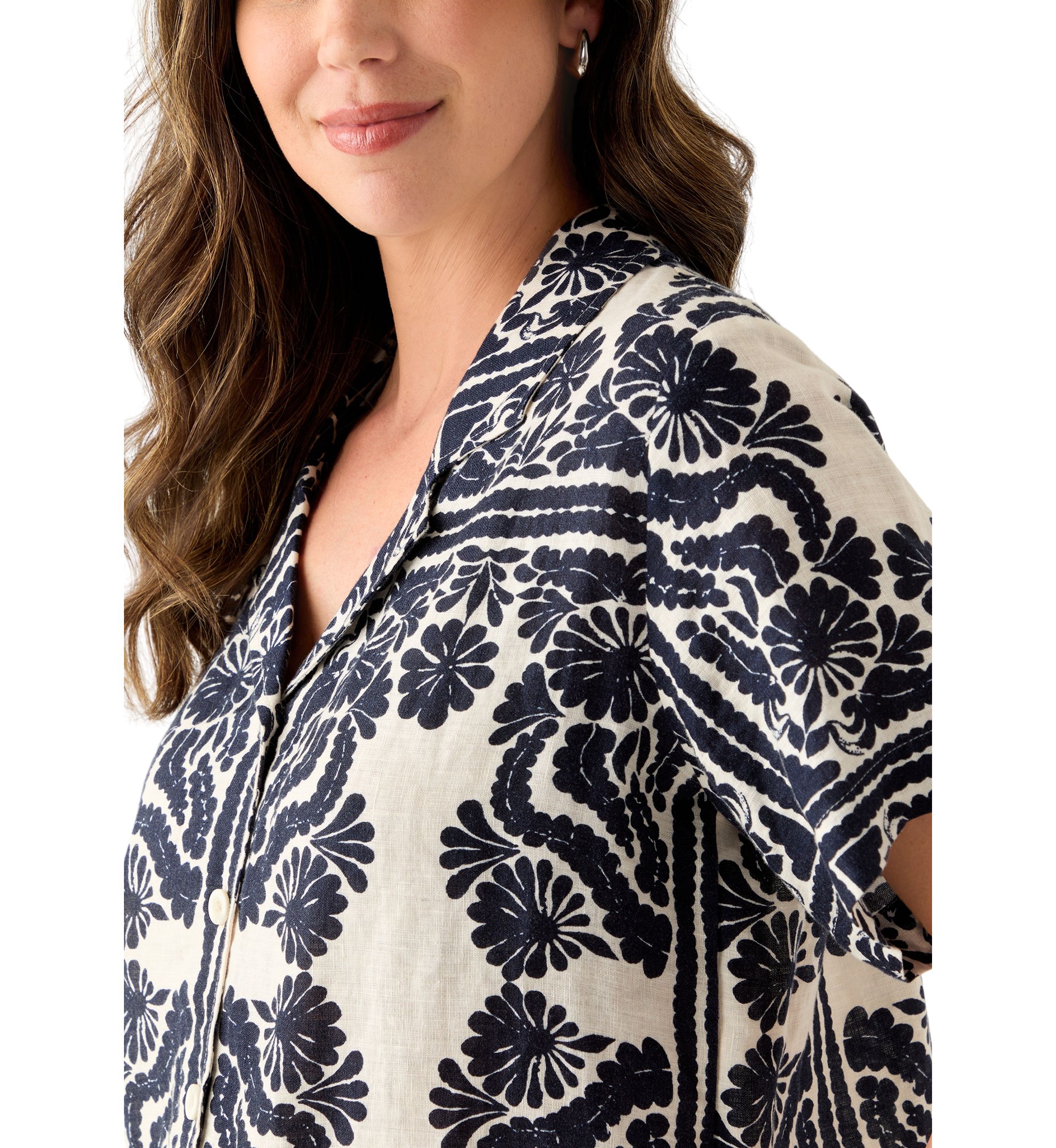  Womens Short-Sleeve Linen Printed Camp Shirt 