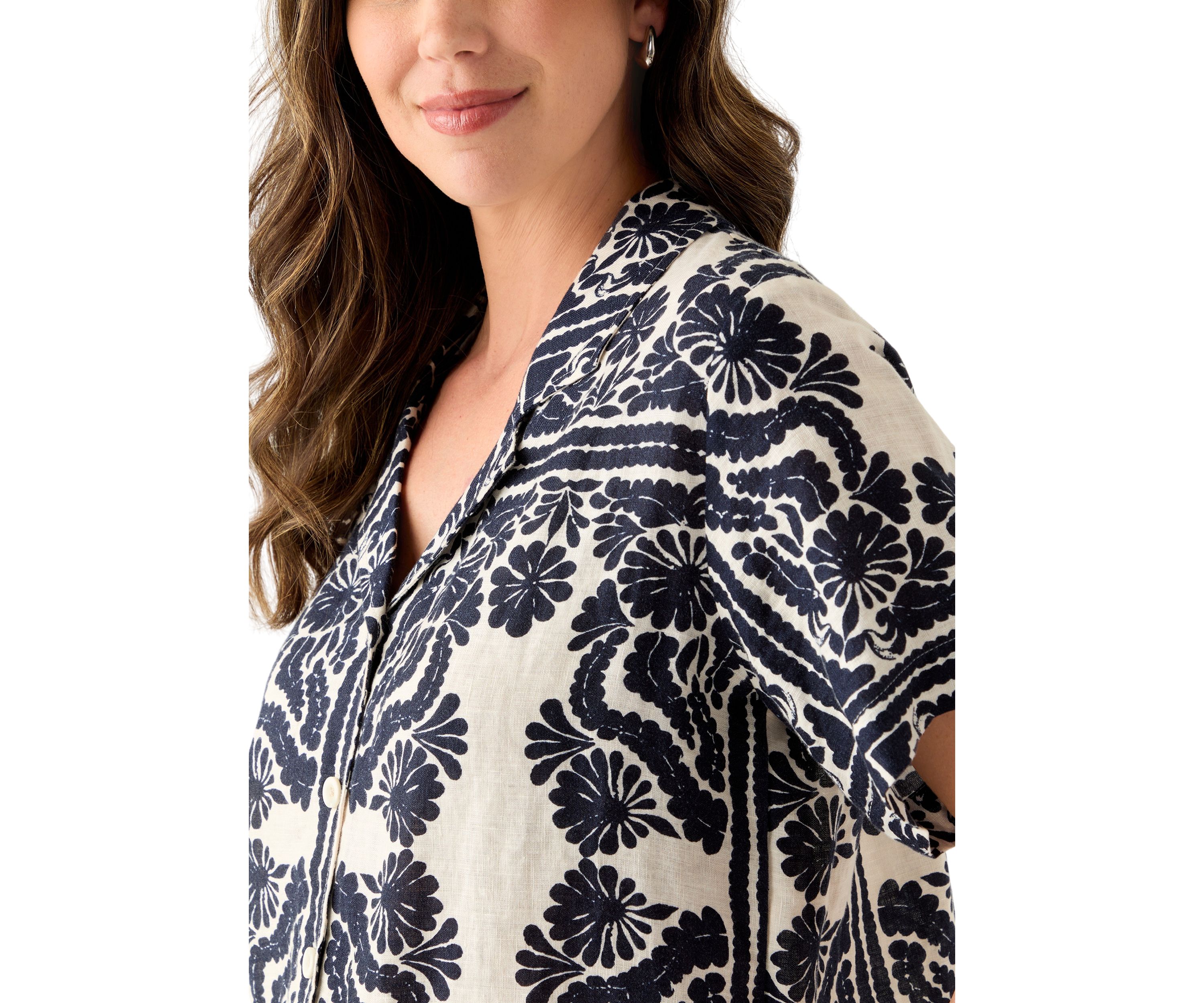  Womens Short-Sleeve Linen Printed Camp Shirt 
