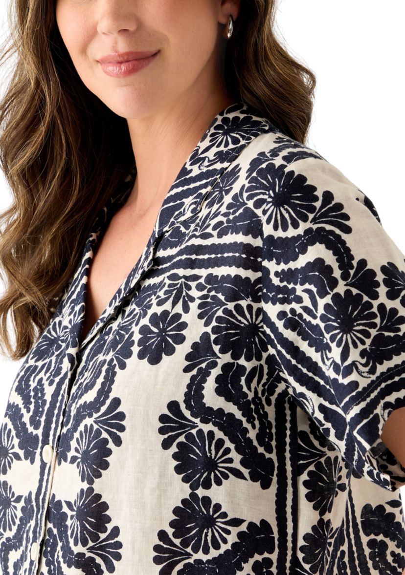 Womens Short-Sleeve Linen Printed Camp Shirt 