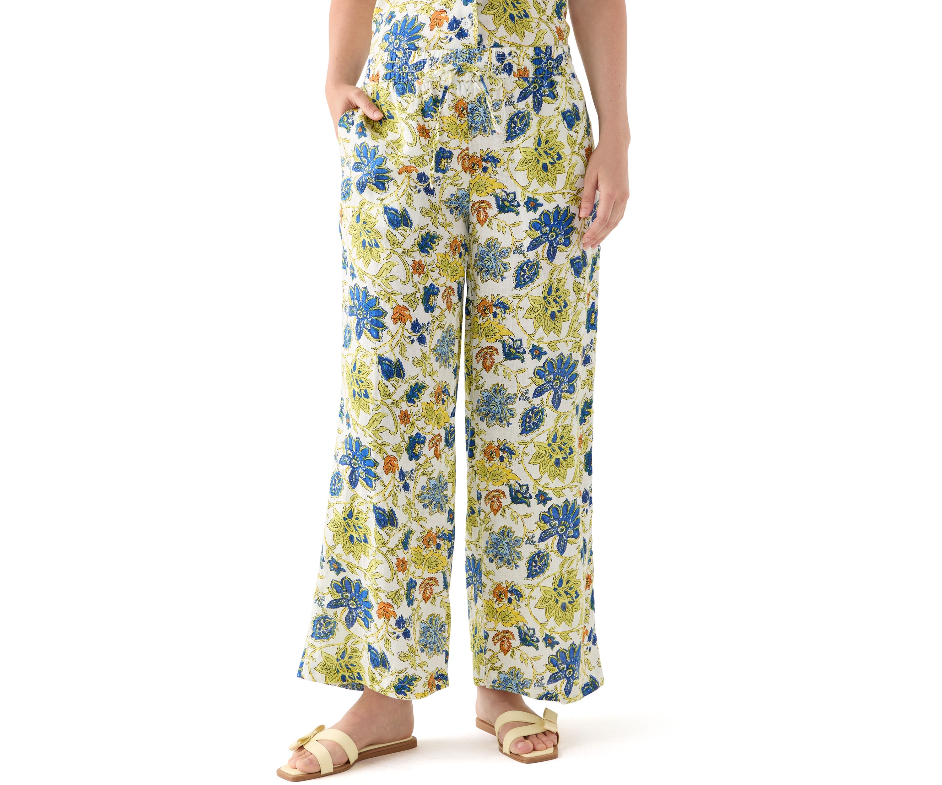 Womens Linen Floral Wide Leg Pants