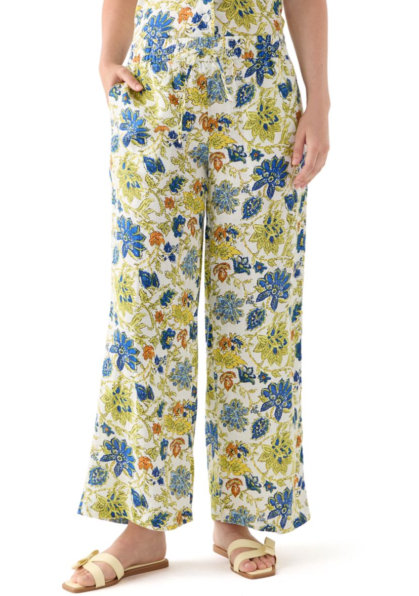 Womens Linen Floral Wide Leg Pants
