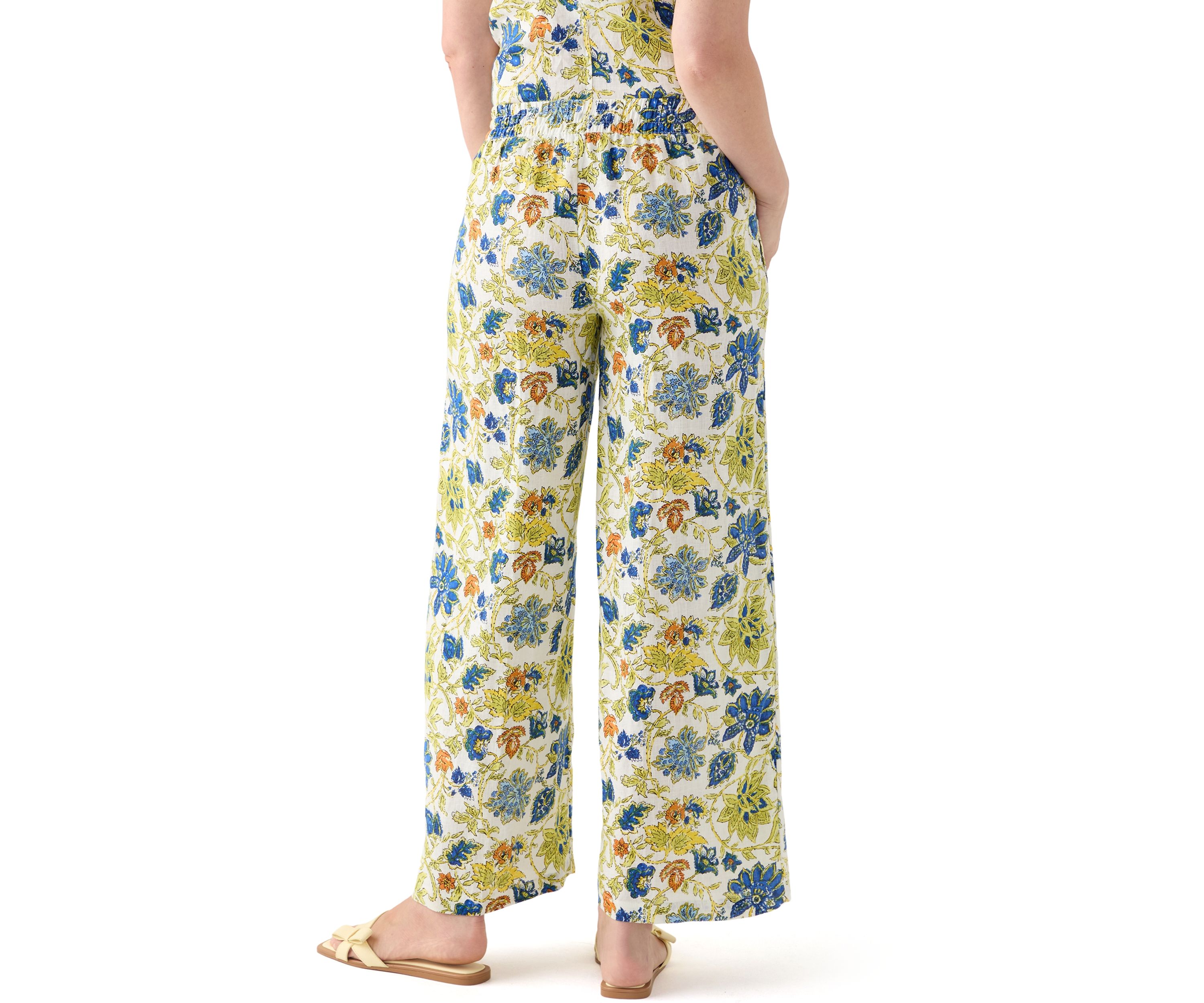 Womens Linen Floral Wide Leg Pants