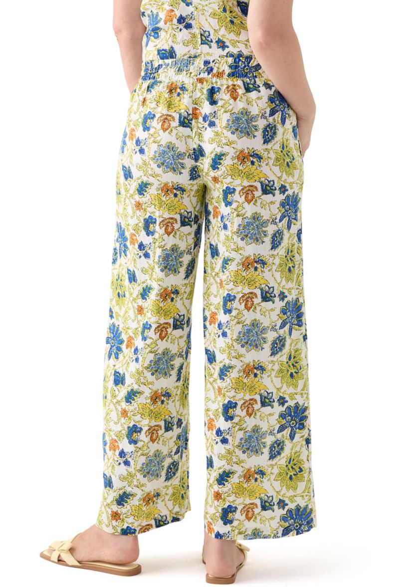 Womens Linen Floral Wide Leg Pants