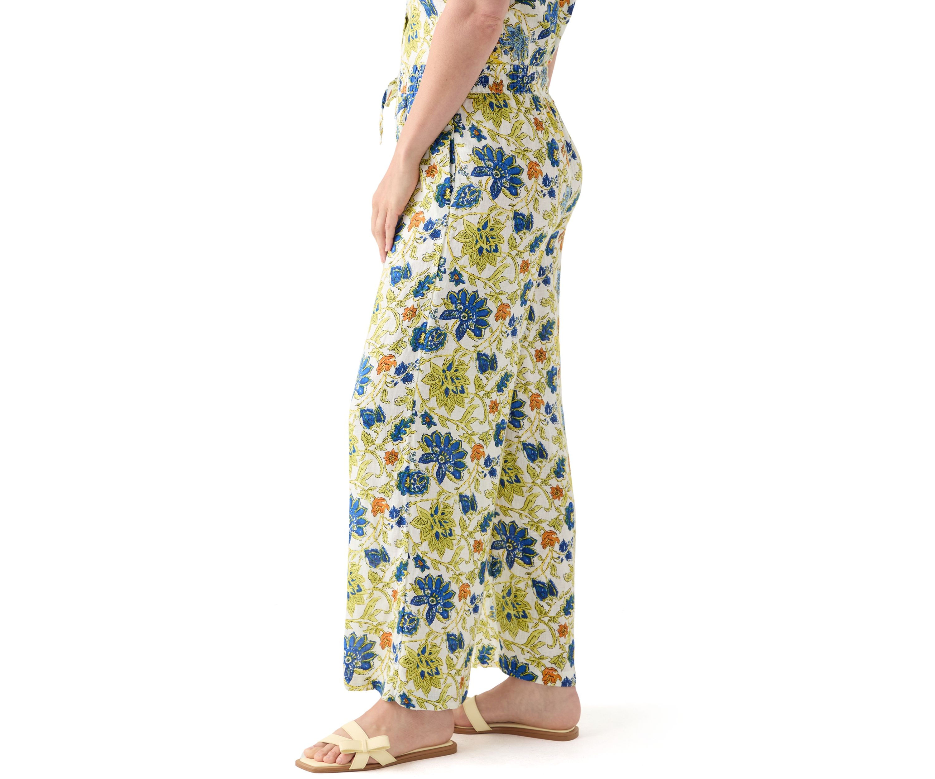 Womens Linen Floral Wide Leg Pants