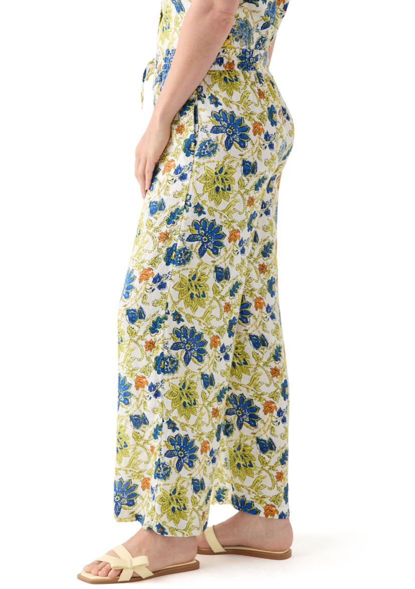 Womens Linen Floral Wide Leg Pants