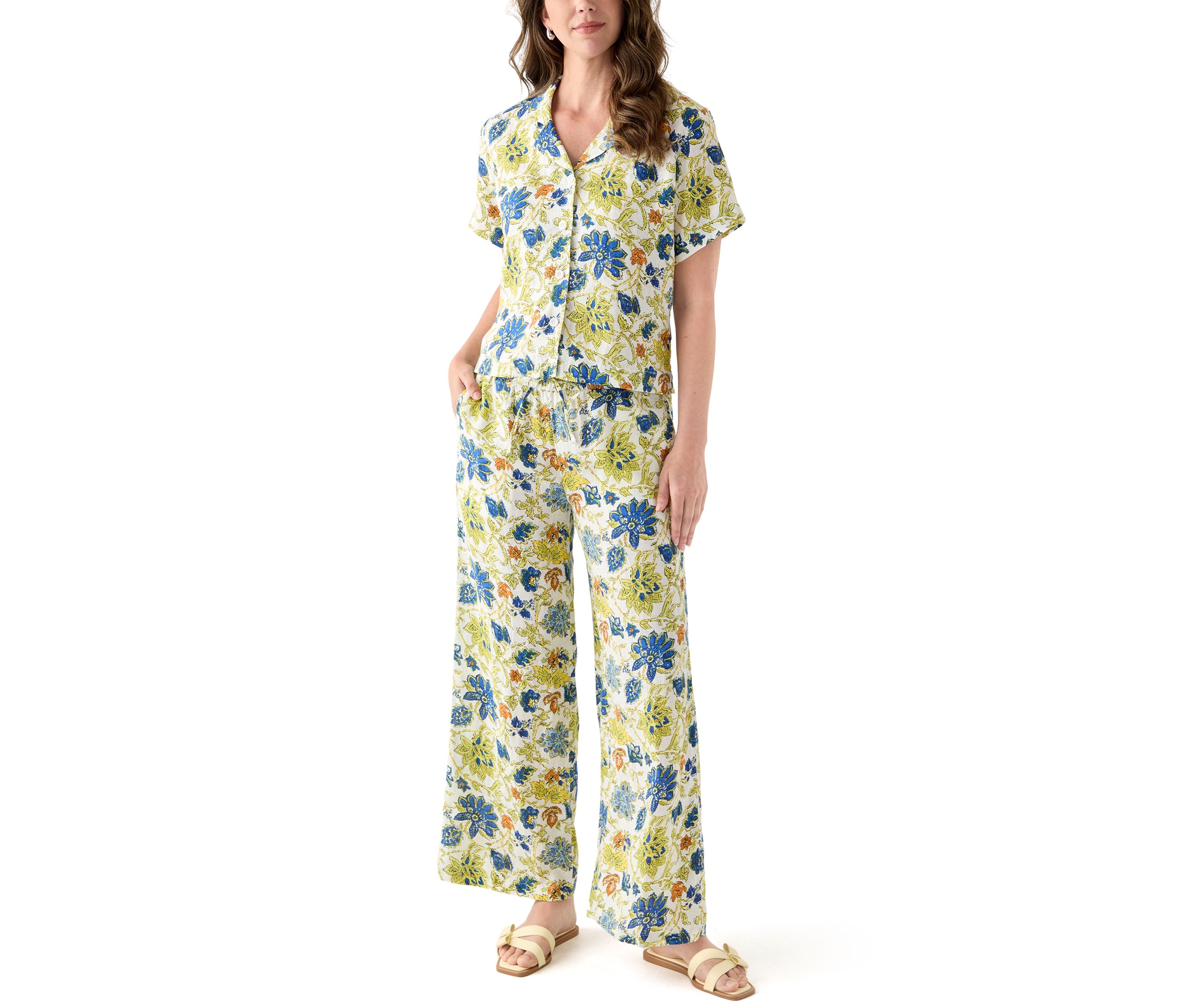 Womens Linen Floral Wide Leg Pants