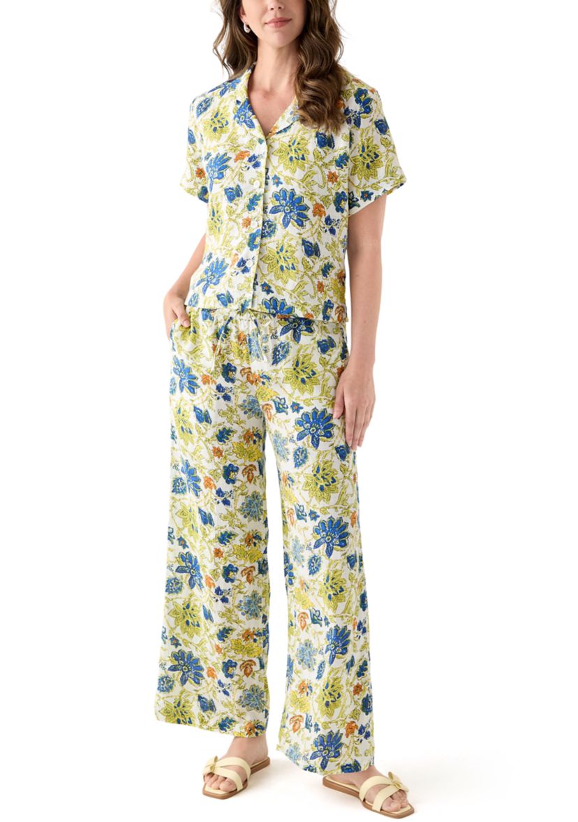 Womens Linen Floral Wide Leg Pants