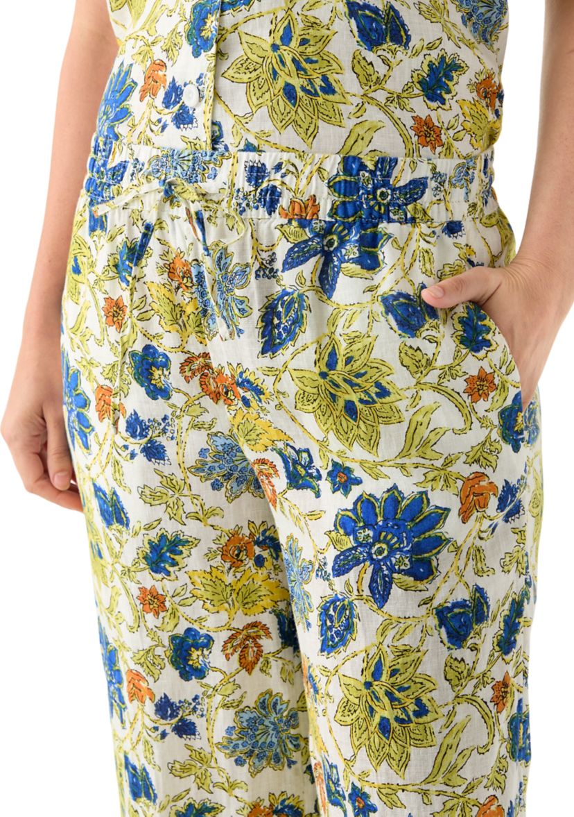 Womens Linen Floral Wide Leg Pants
