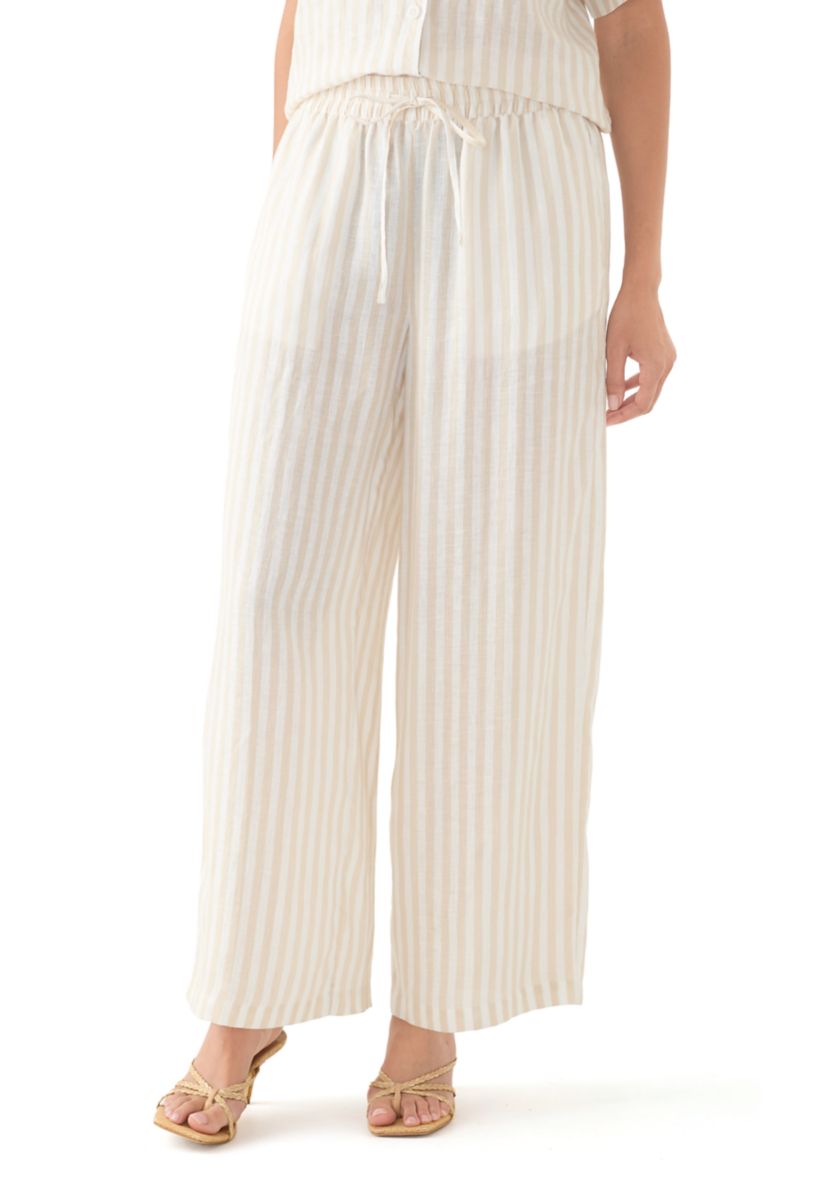 Womens Linen Stripe Wide Leg Pants