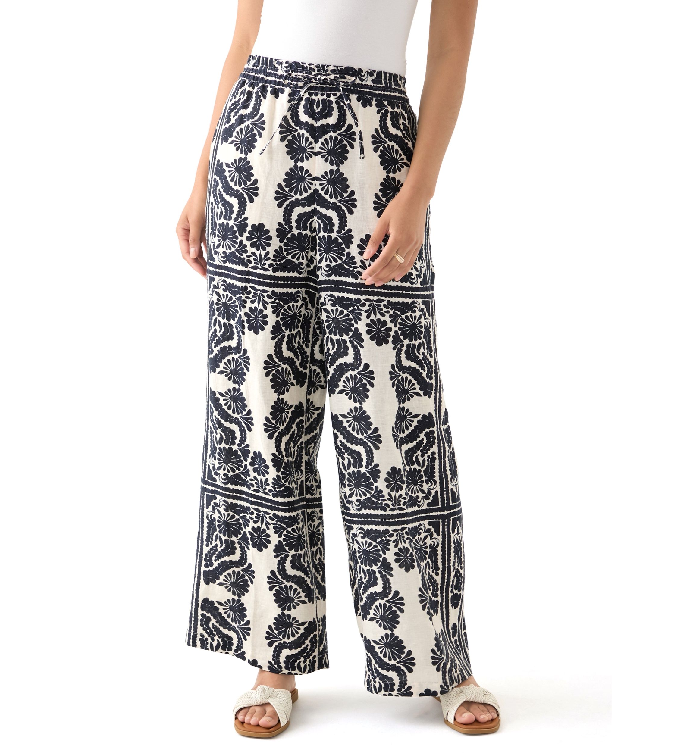 Womens Linen Placement Print Wide Leg Pants