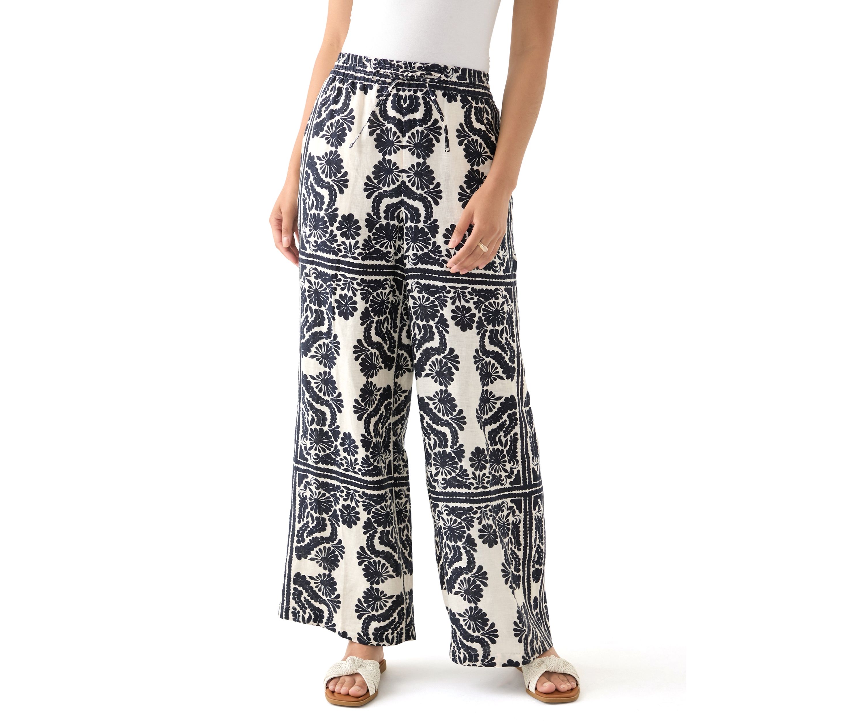 Womens Linen Placement Print Wide Leg Pants