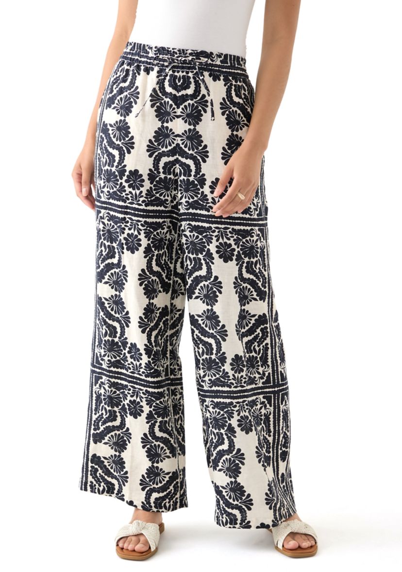 Womens Linen Placement Print Wide Leg Pants
