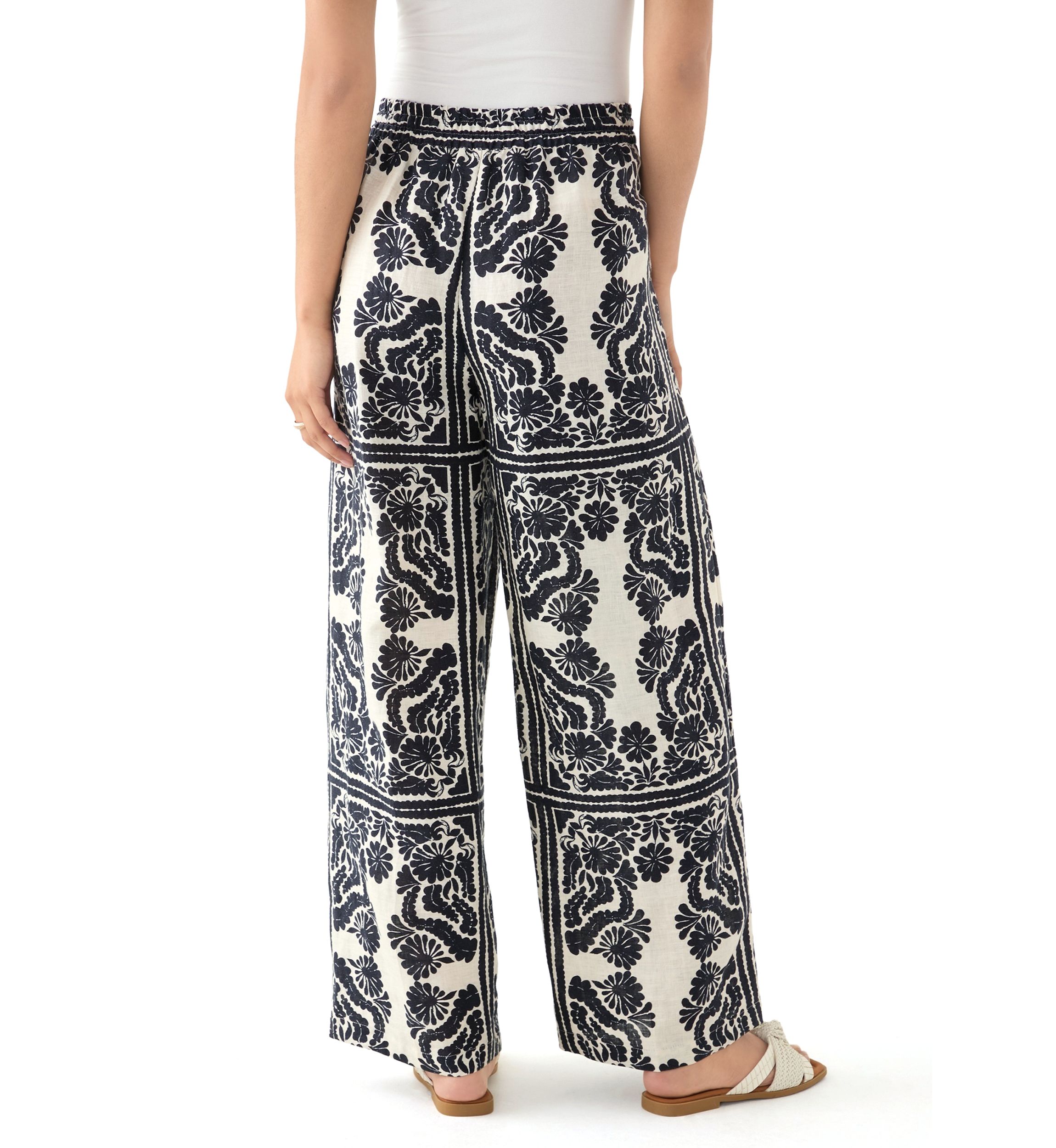Womens Linen Placement Print Wide Leg Pants