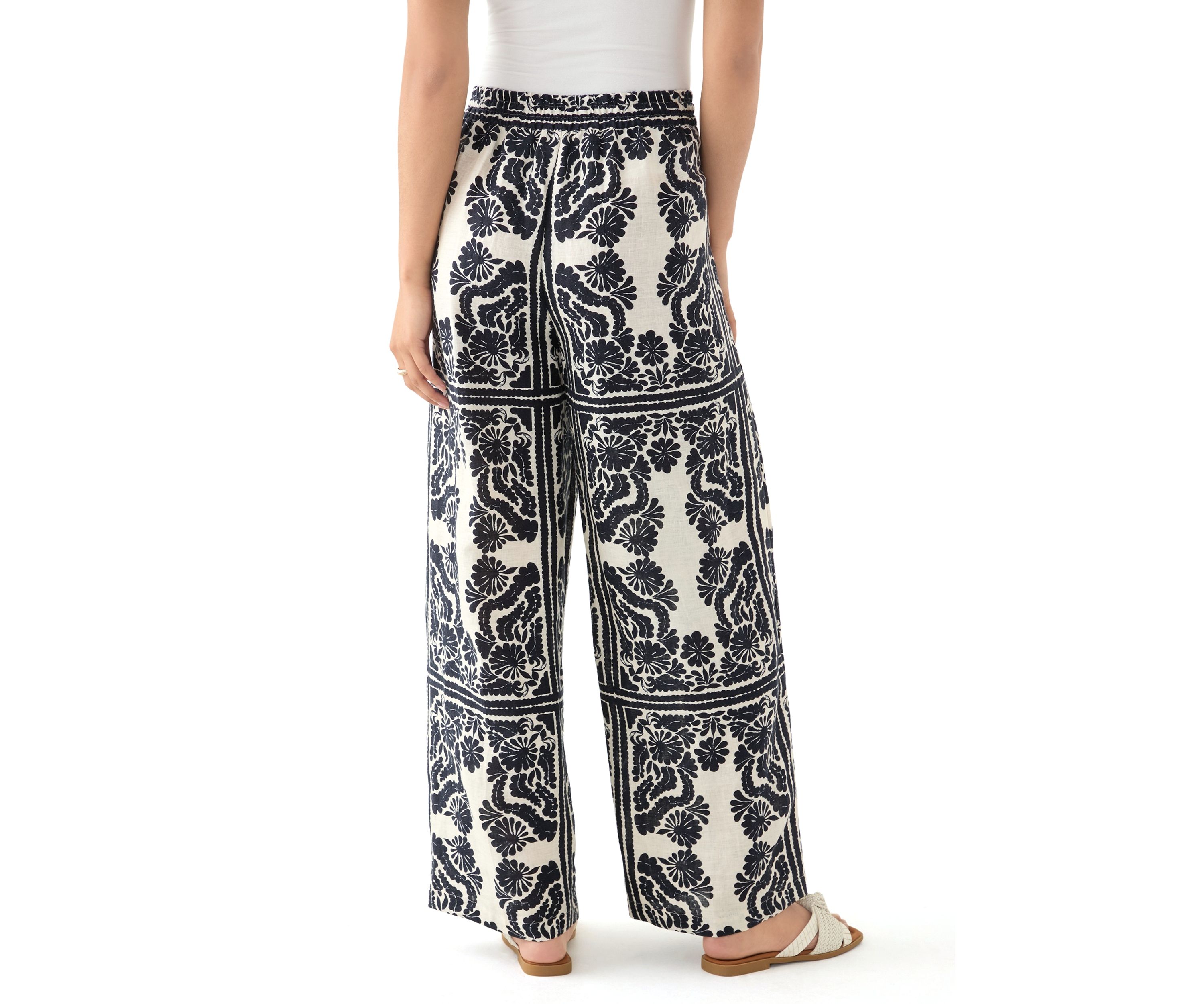 Womens Linen Placement Print Wide Leg Pants