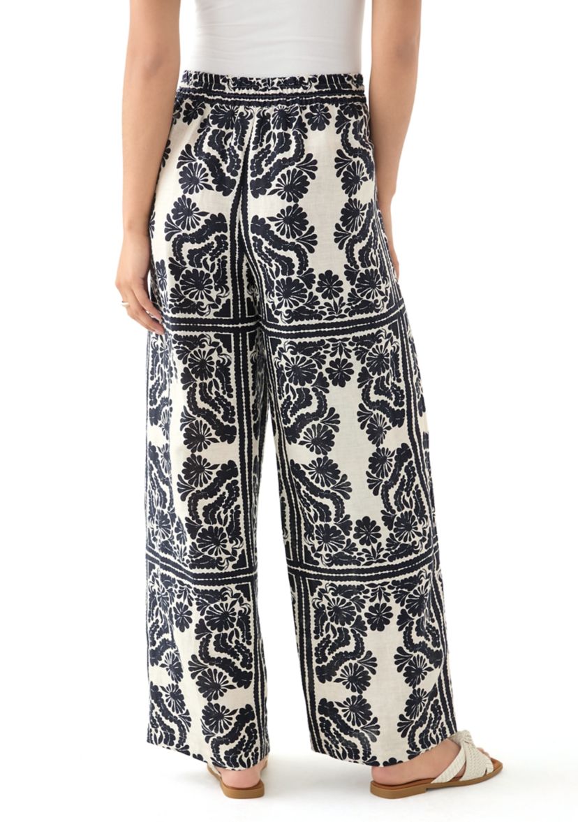 Womens Linen Placement Print Wide Leg Pants