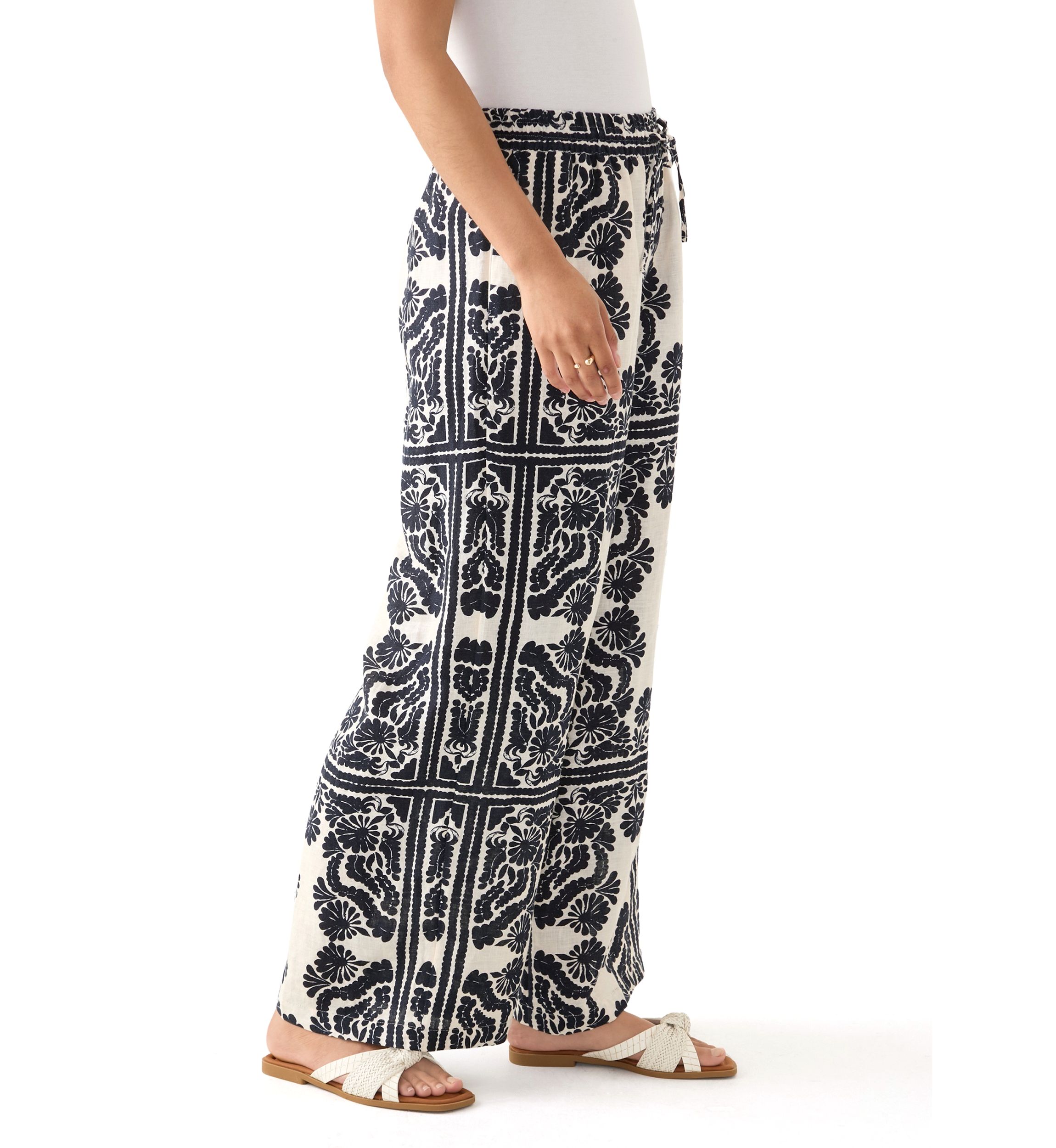 Womens Linen Placement Print Wide Leg Pants