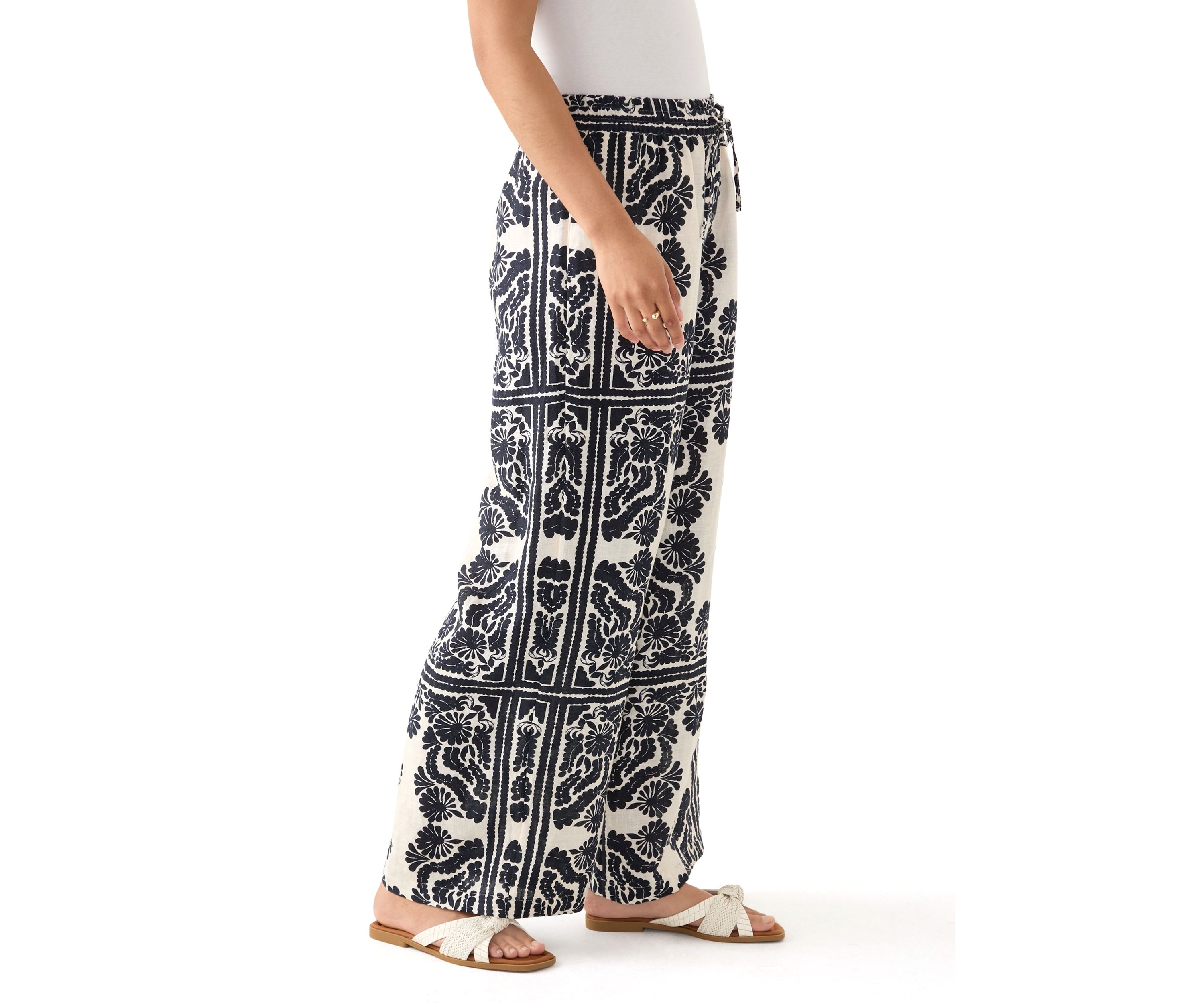 Womens Linen Placement Print Wide Leg Pants