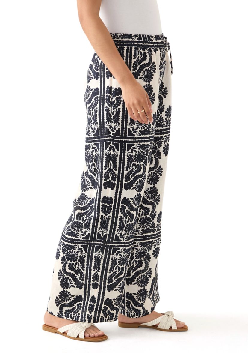 Womens Linen Placement Print Wide Leg Pants