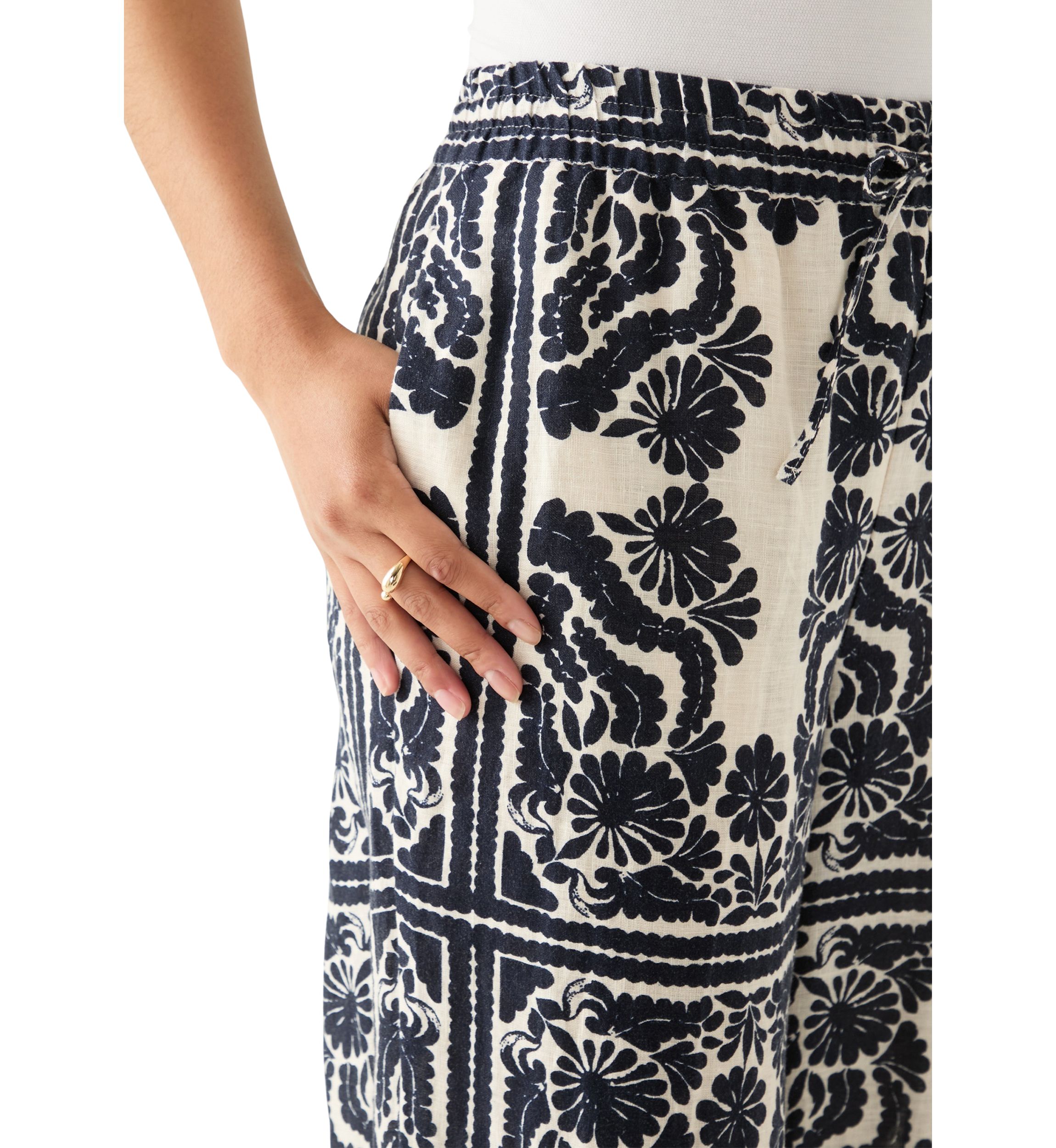 Womens Linen Placement Print Wide Leg Pants