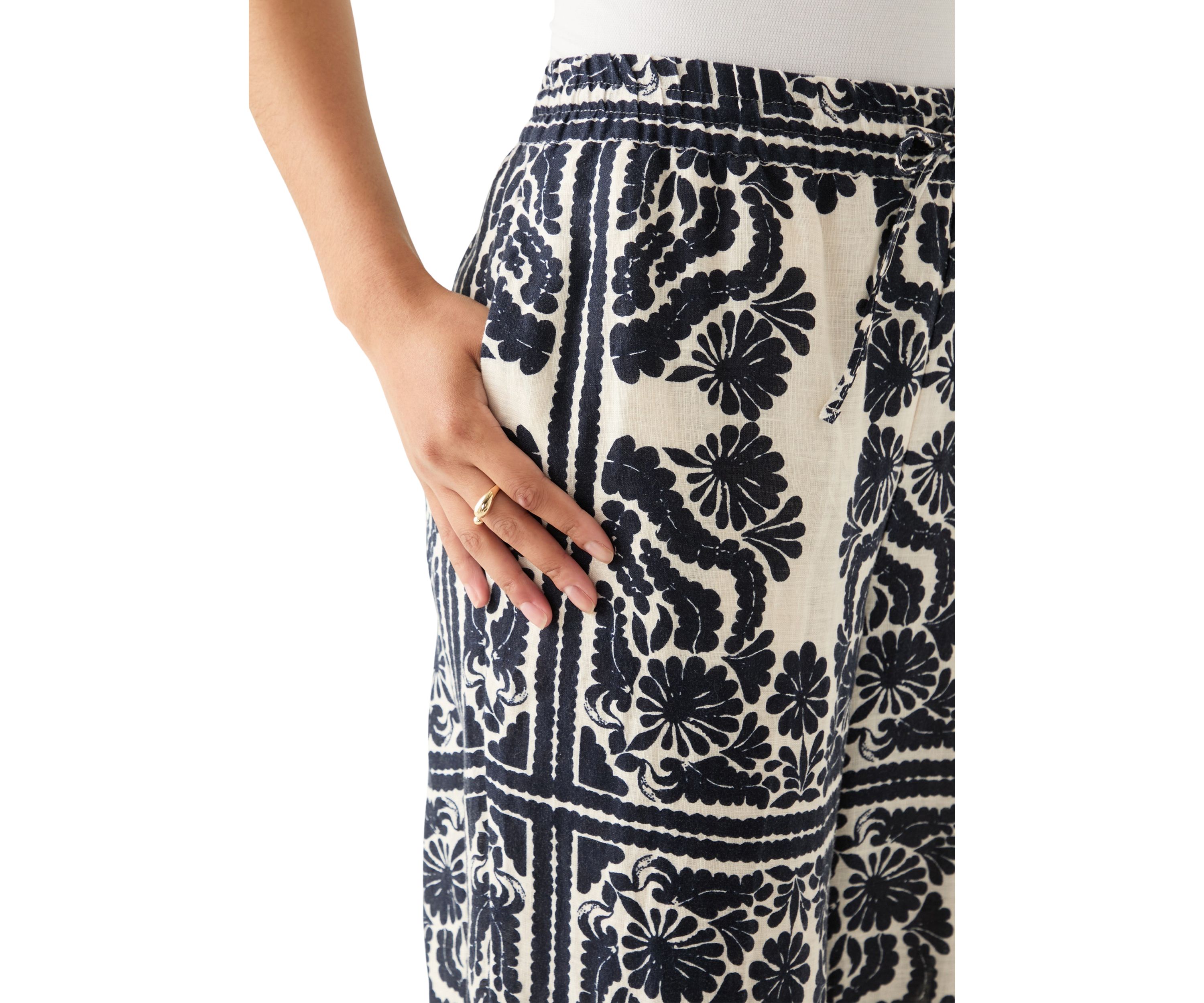 Womens Linen Placement Print Wide Leg Pants