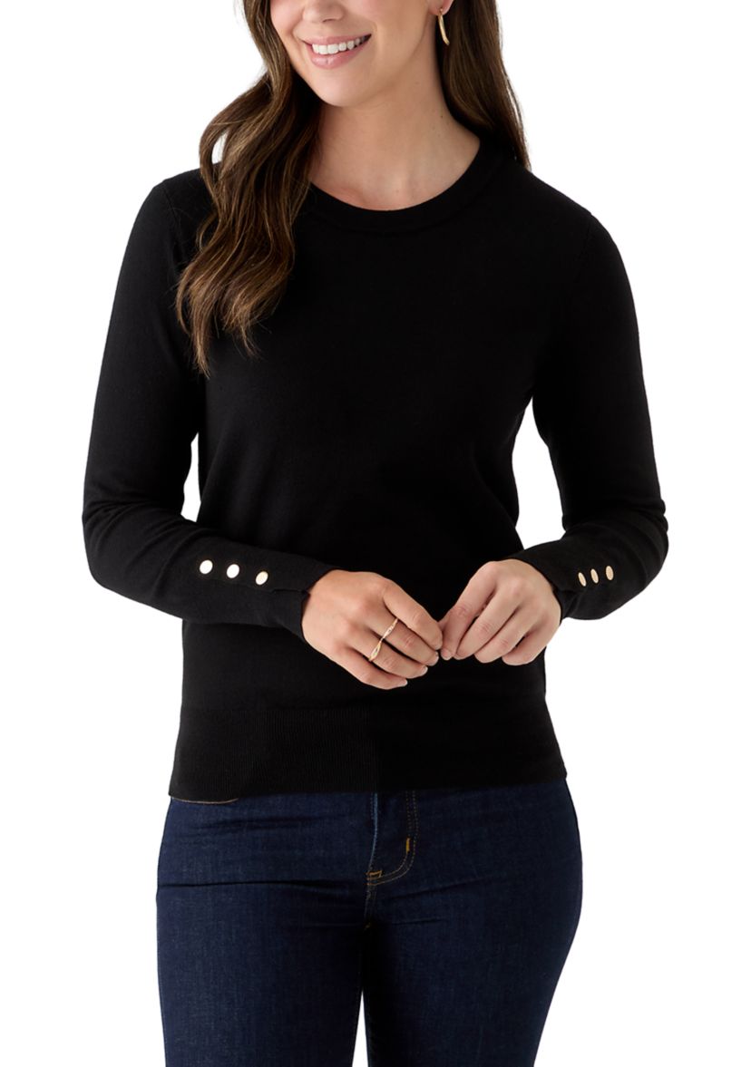 Womens Long Sleeve Button Cuff Crew Neck Sweater