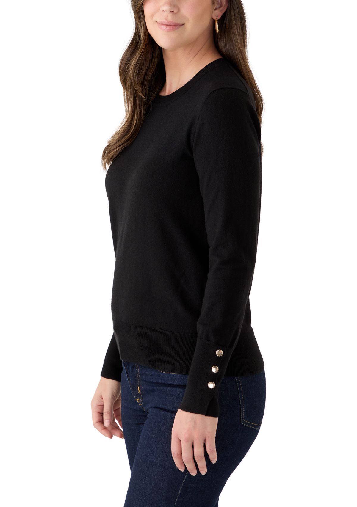 Womens Long Sleeve Button Cuff Crew Neck Sweater