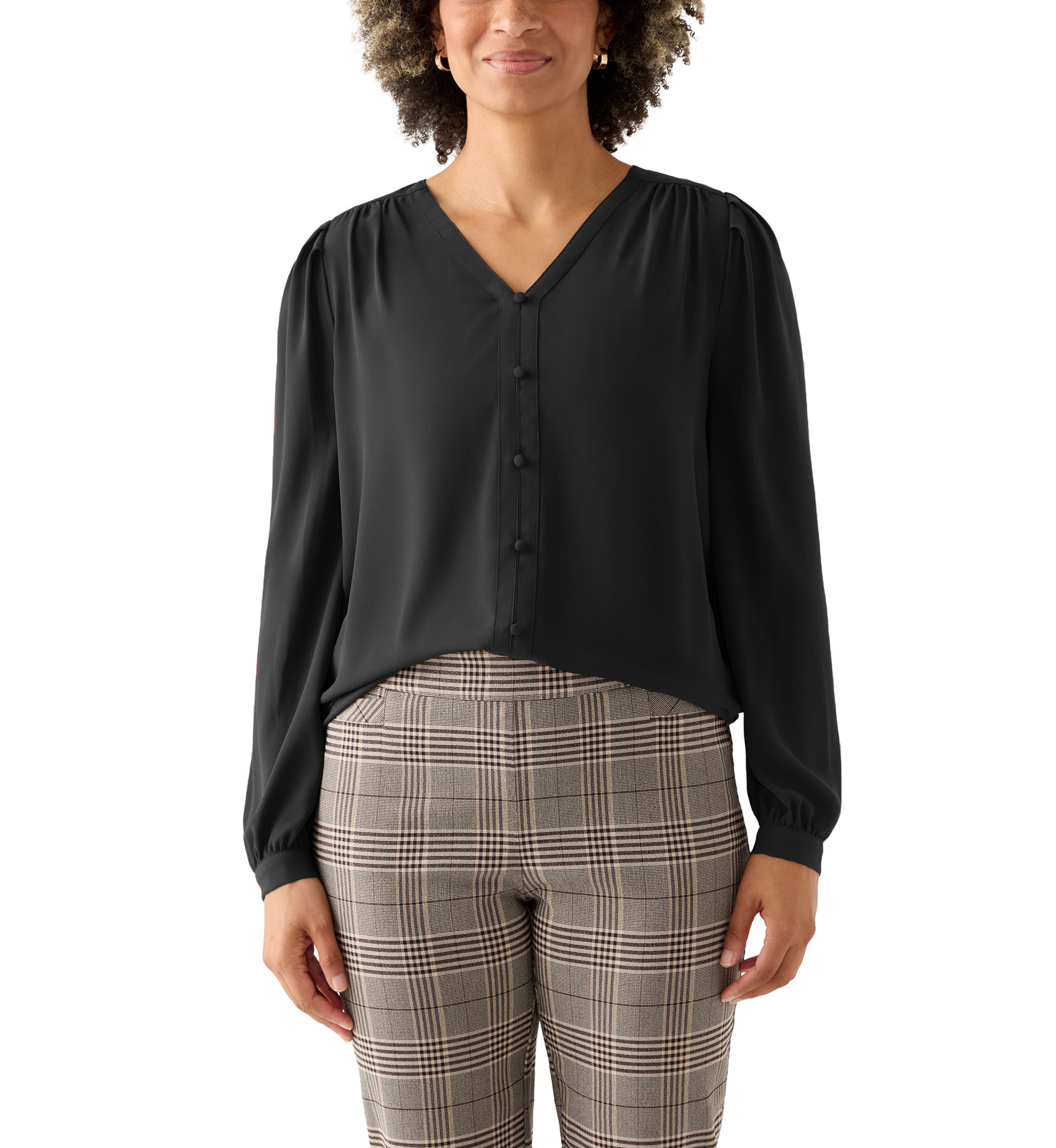 Womens Balloon Sleeve Button Down Blouse