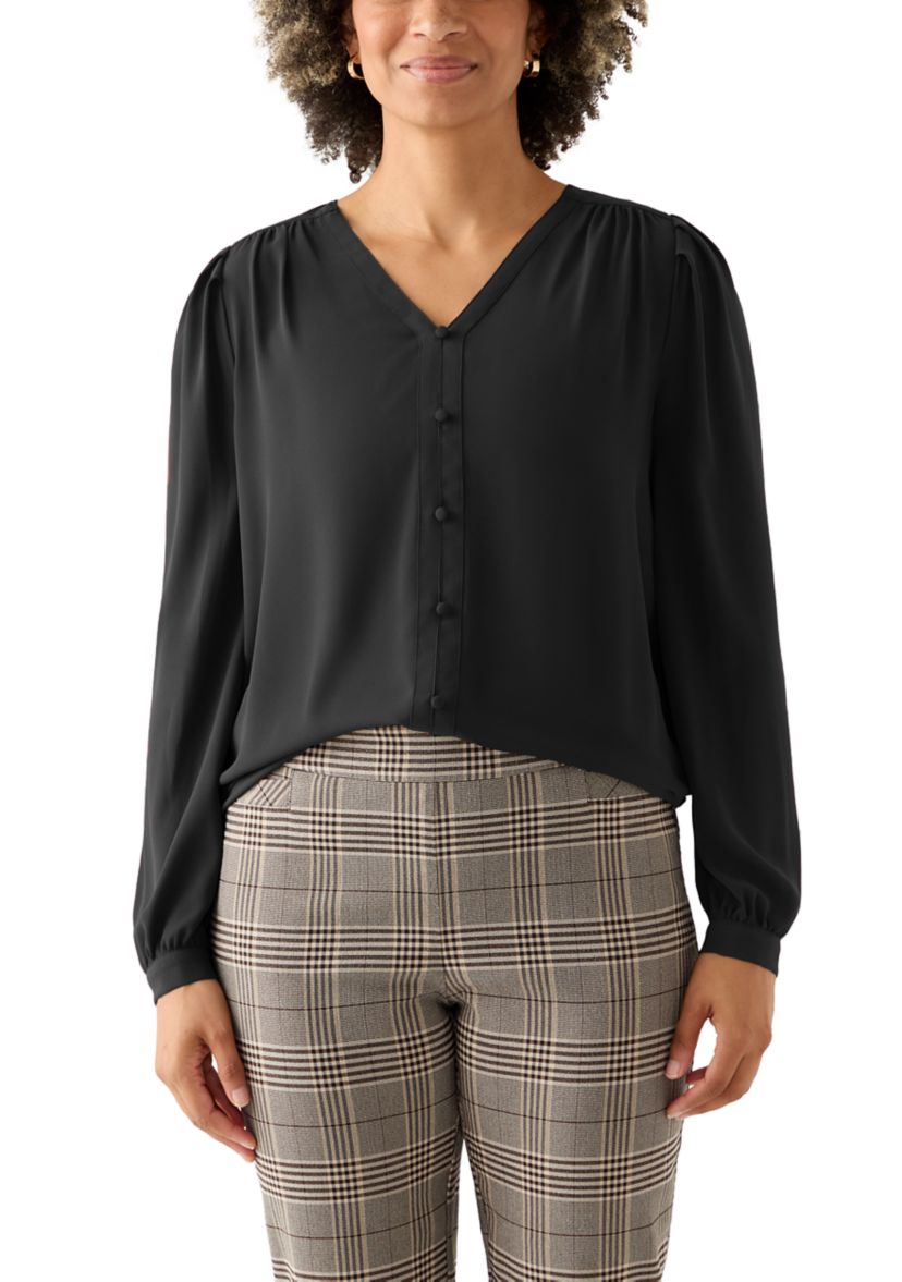 Womens Balloon Sleeve Button Down Blouse