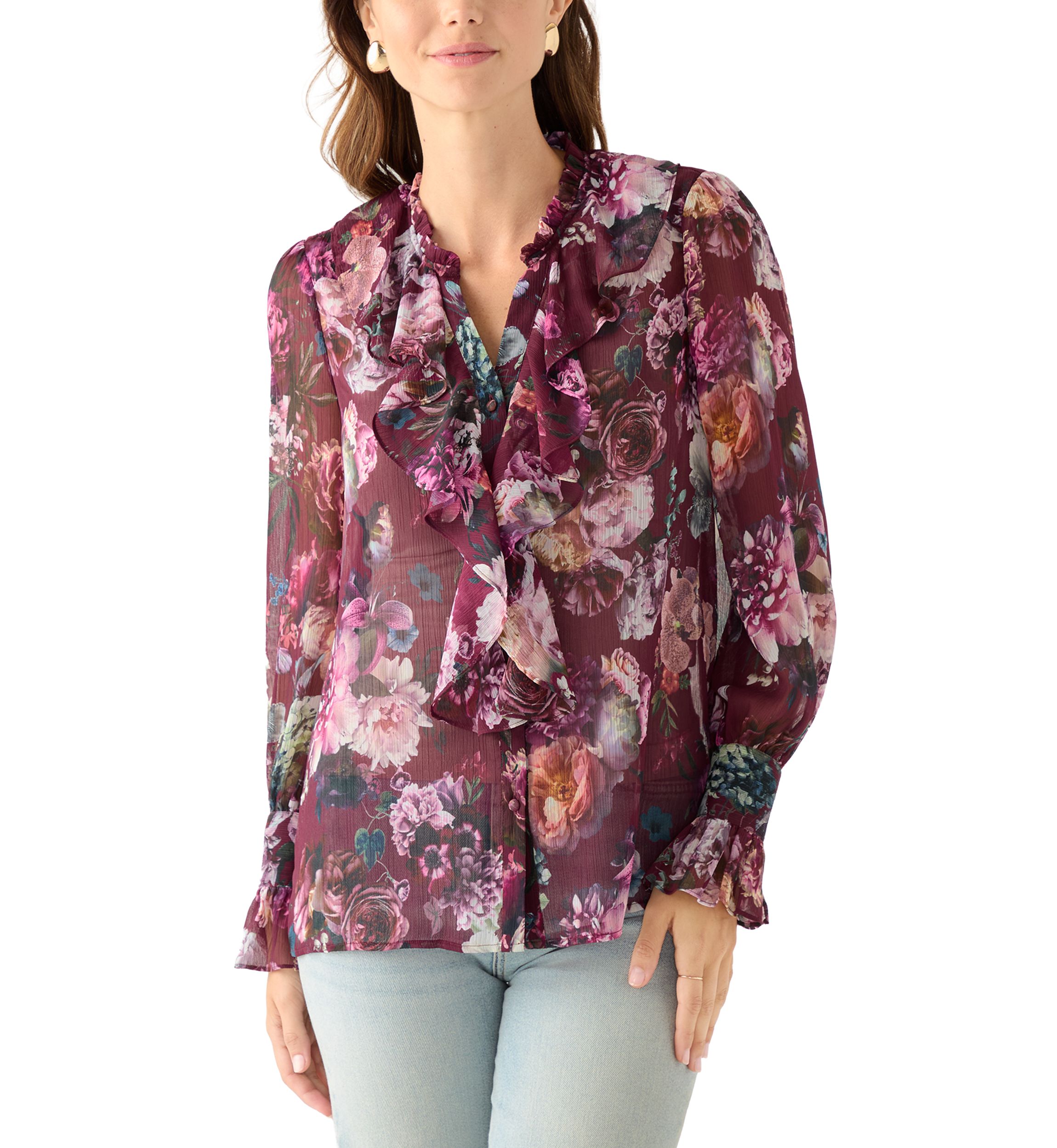 Womens Long Sleeve Ruffle Front Floral Blouse