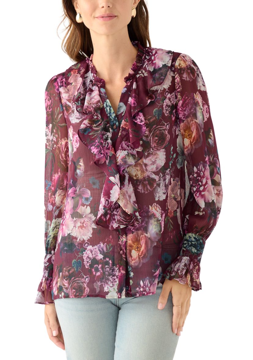 Womens Long Sleeve Ruffle Front Floral Blouse