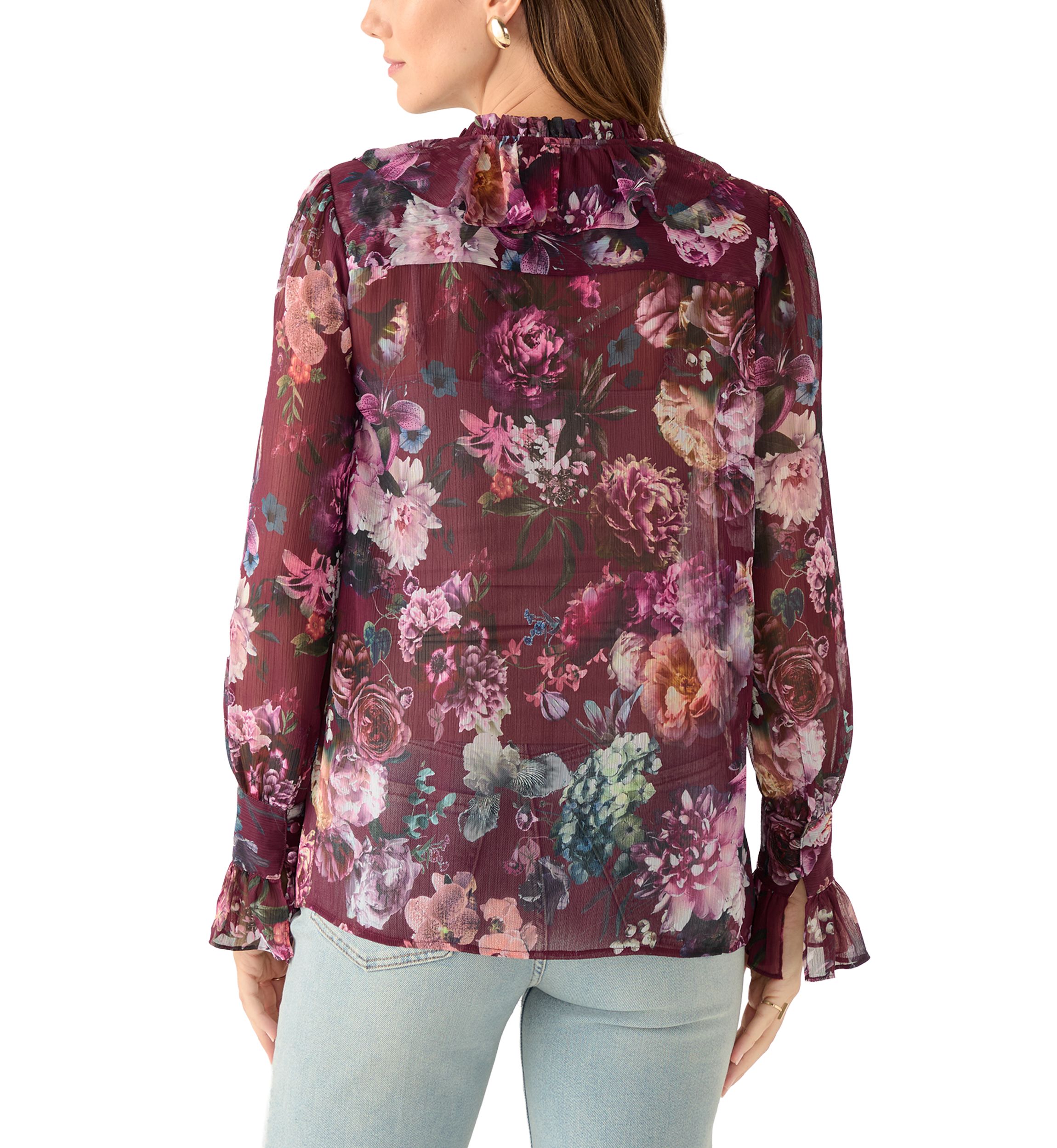 Womens Long Sleeve Ruffle Front Floral Blouse