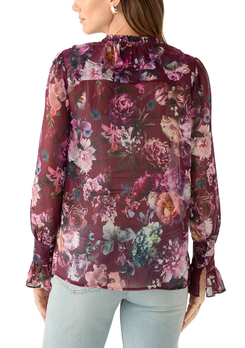 Womens Long Sleeve Ruffle Front Floral Blouse