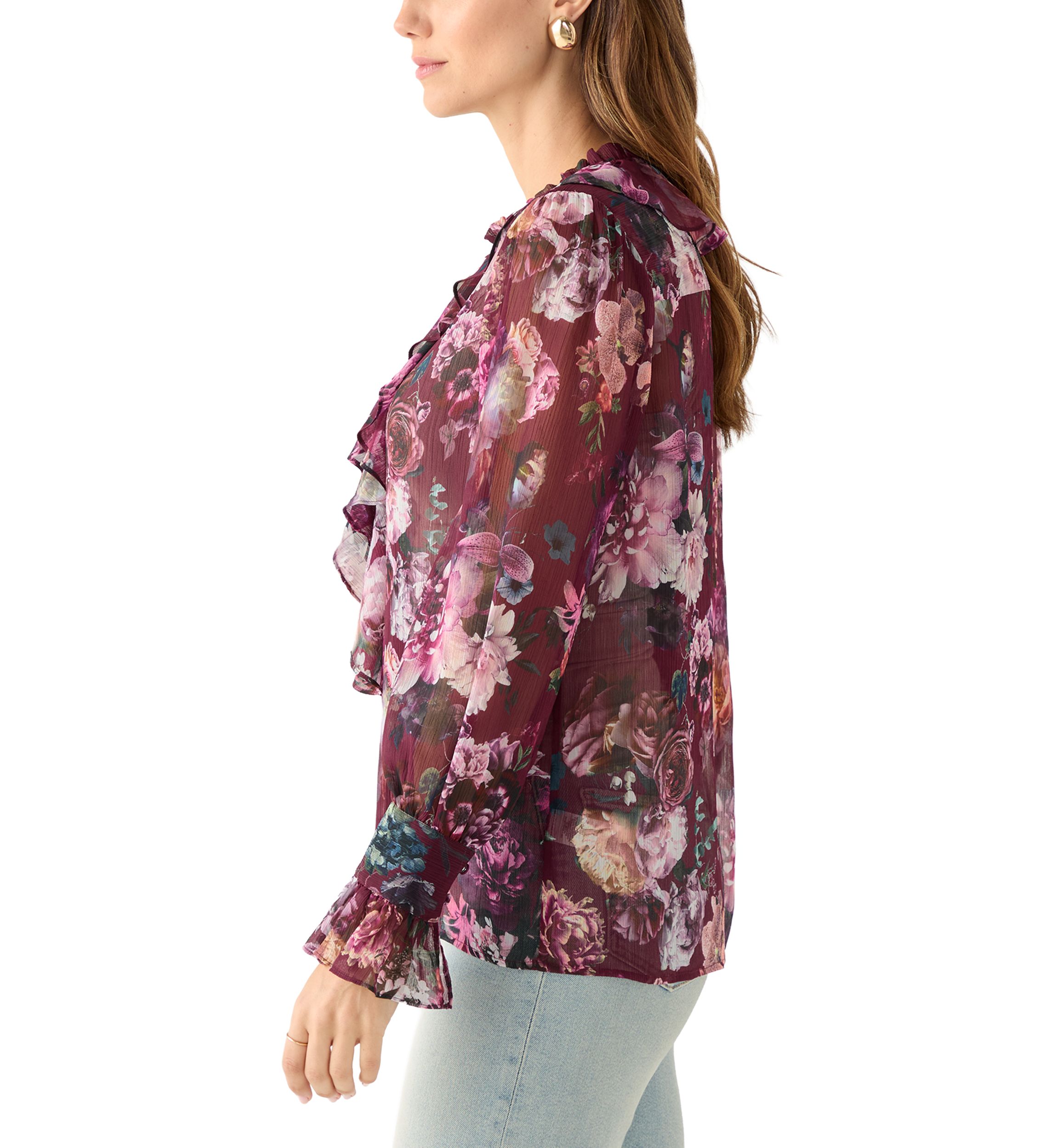 Womens Long Sleeve Ruffle Front Floral Blouse