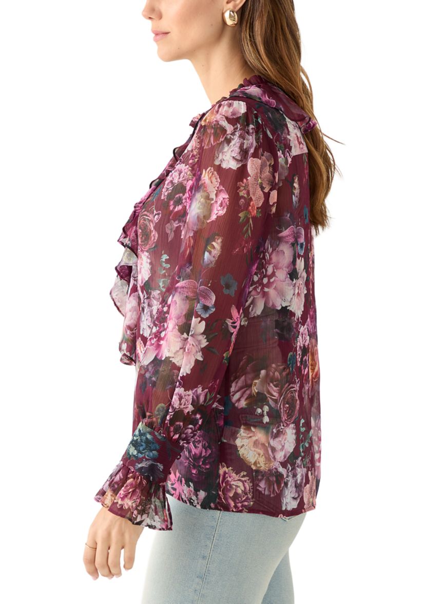 Womens Long Sleeve Ruffle Front Floral Blouse