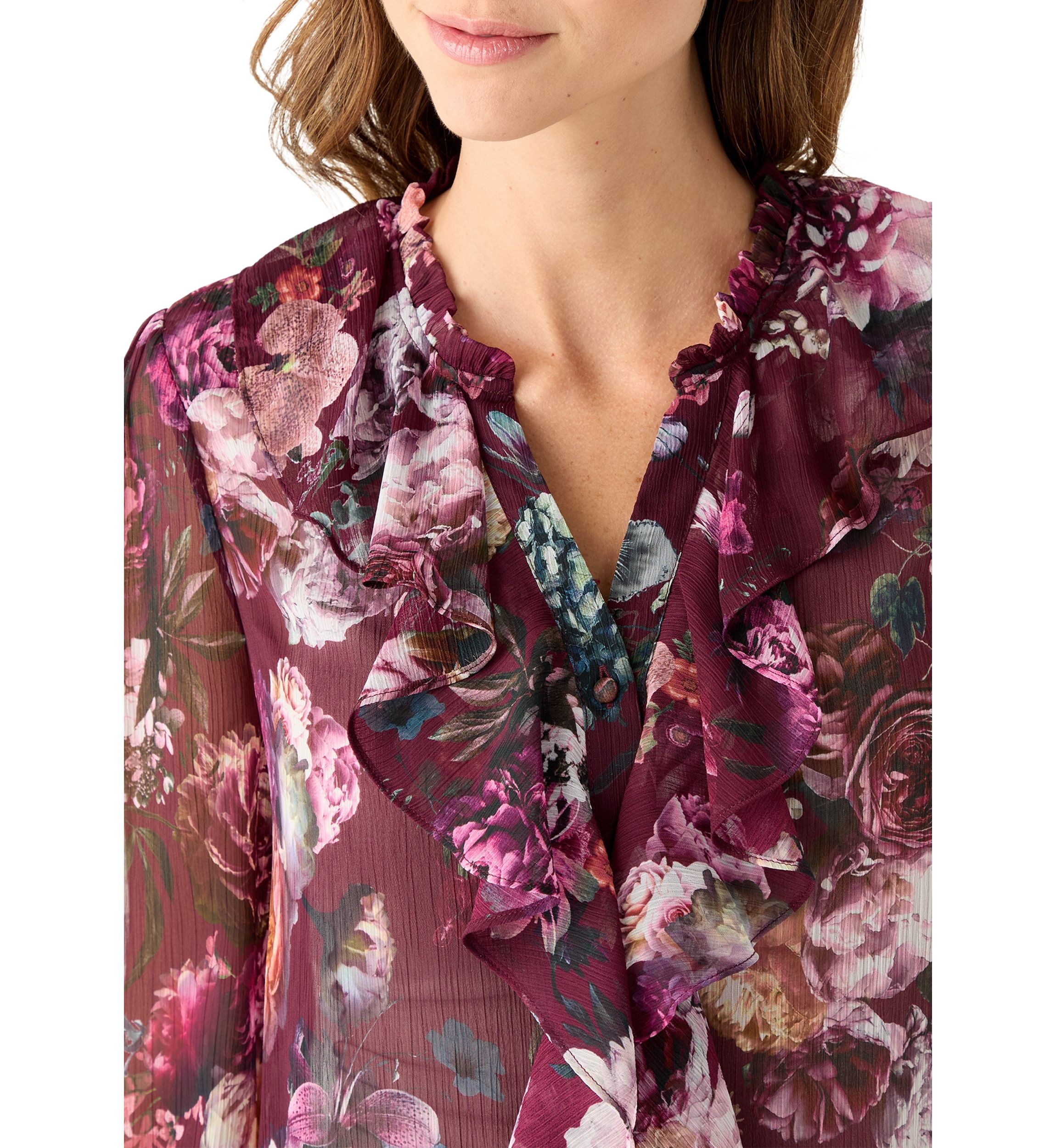 Womens Long Sleeve Ruffle Front Floral Blouse