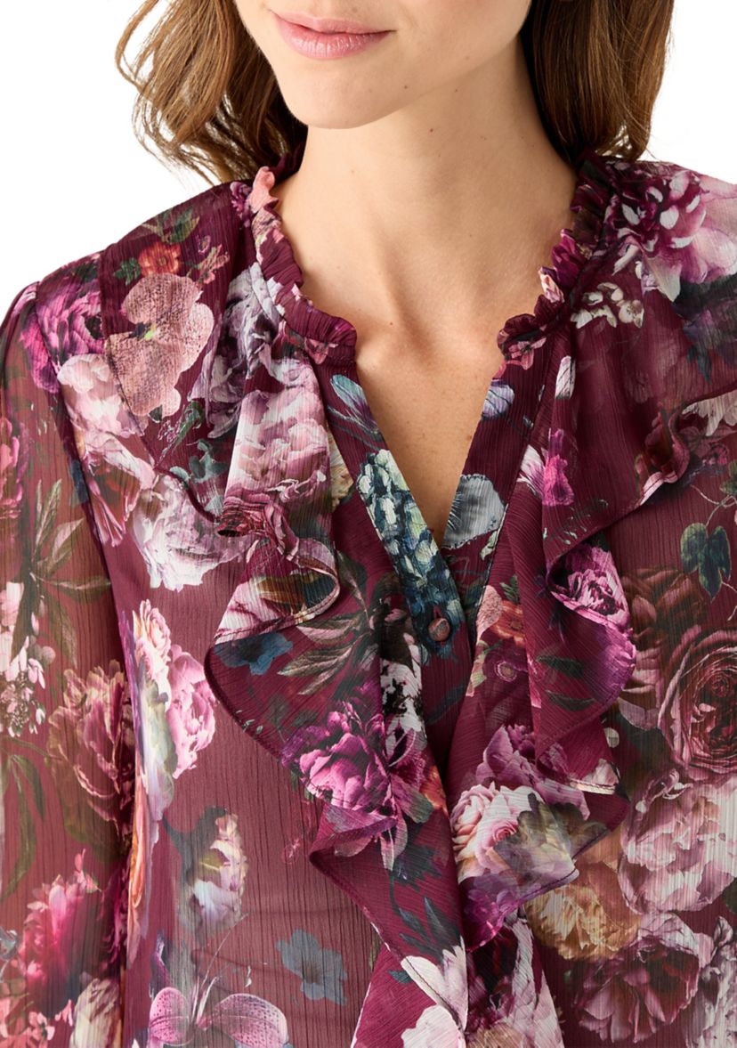 Womens Long Sleeve Ruffle Front Floral Blouse