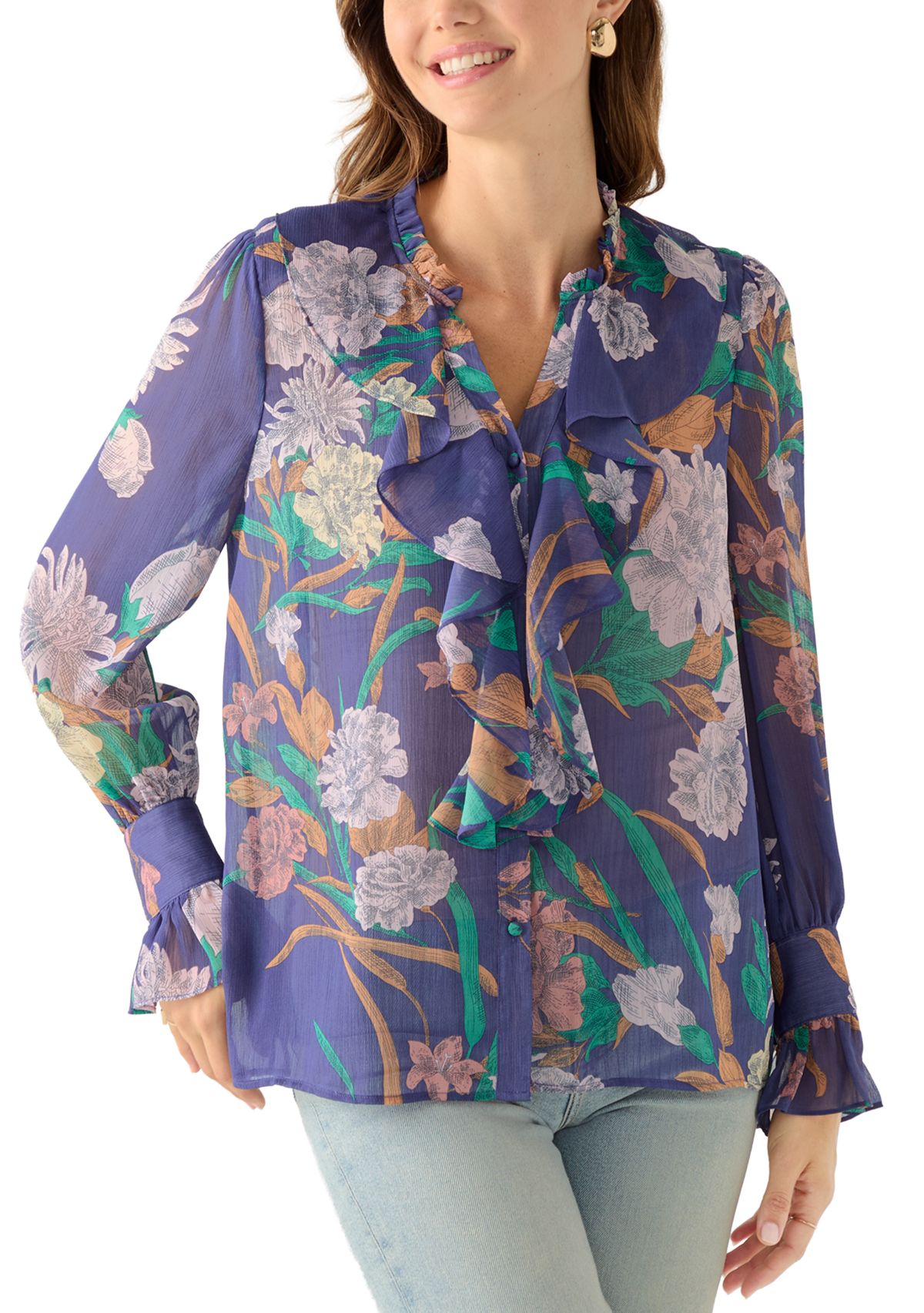 Womens Long Sleeve Ruffle Front Floral Blouse