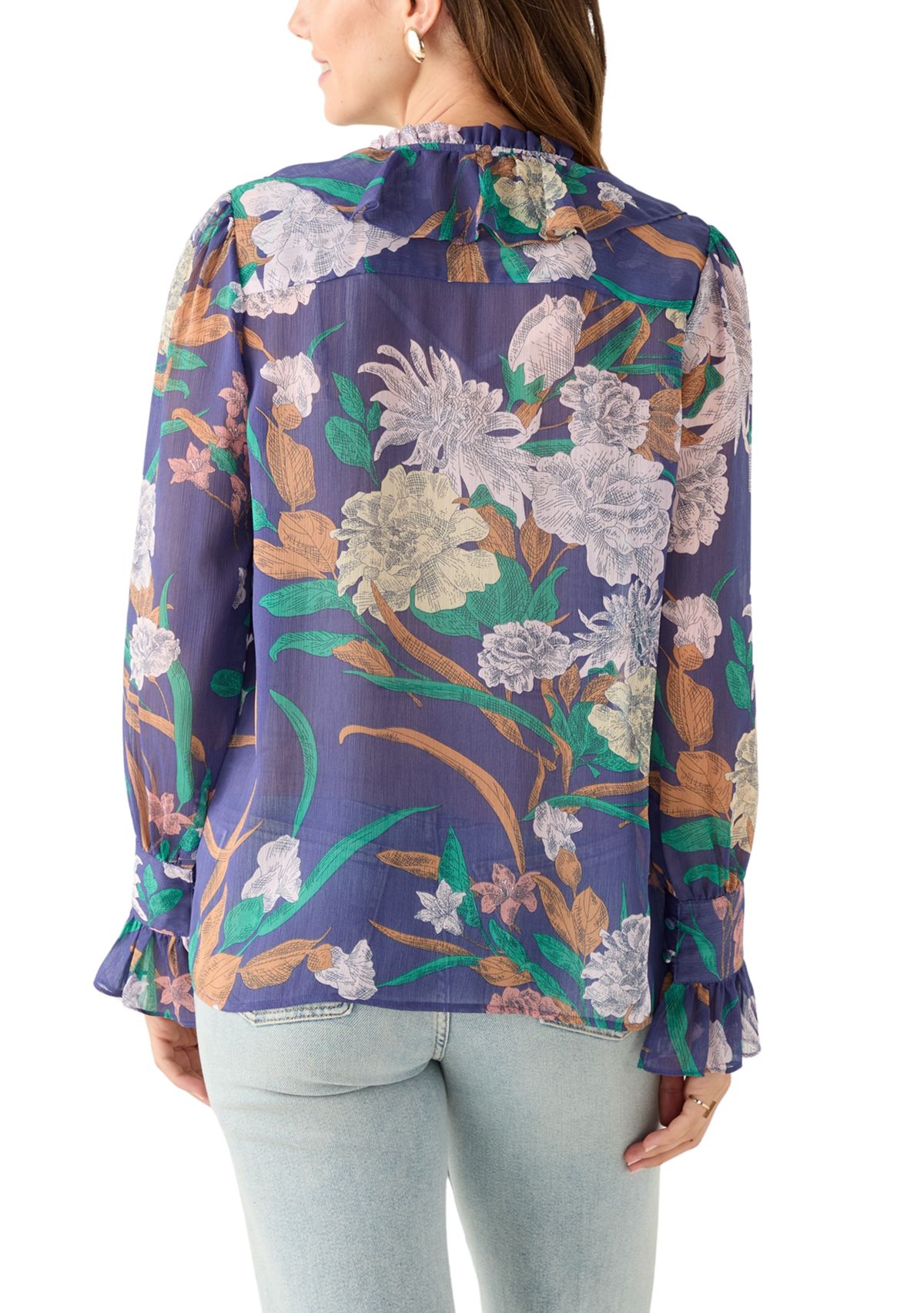 Womens Long Sleeve Ruffle Front Floral Blouse