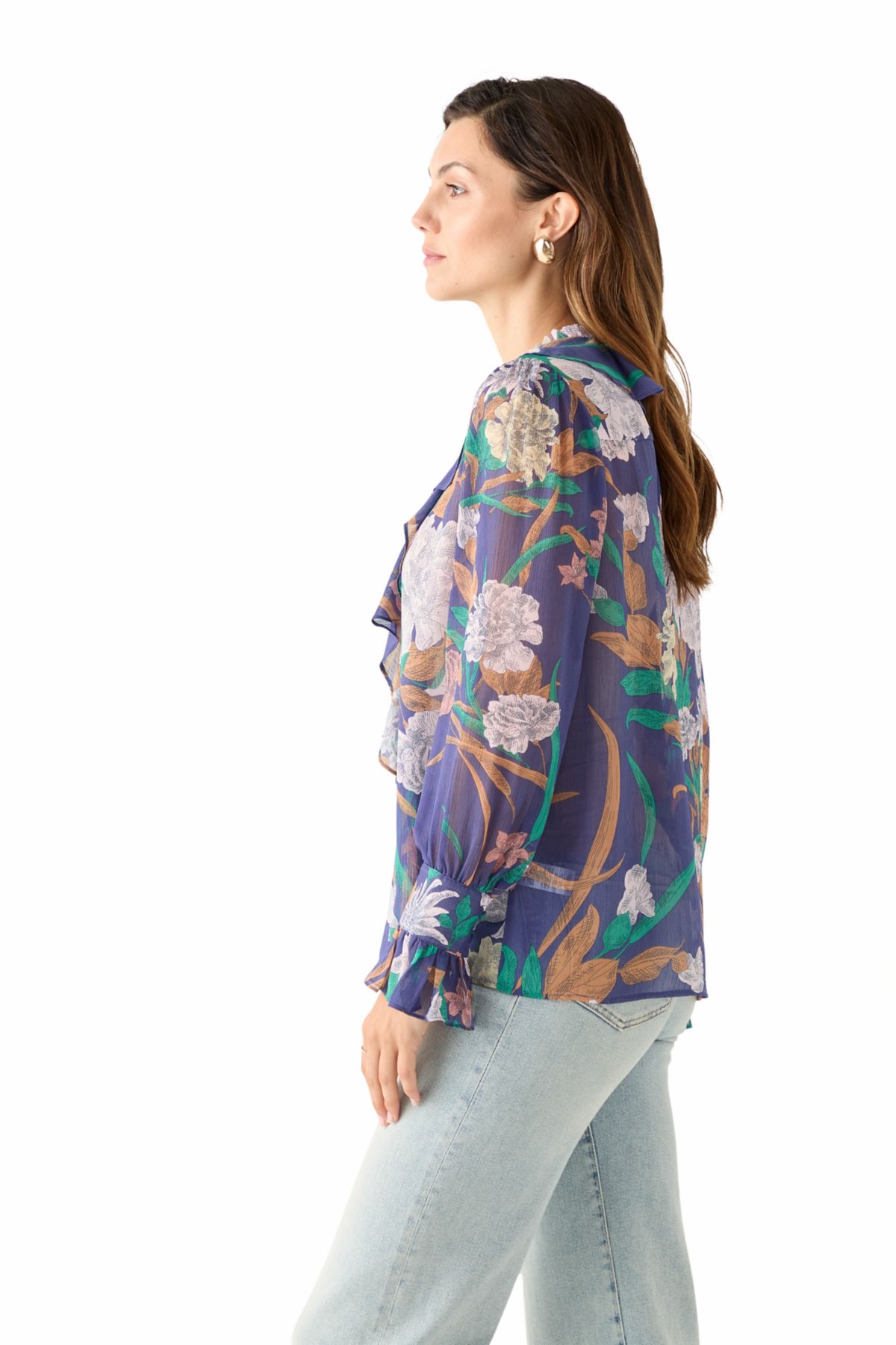 Womens Long Sleeve Ruffle Front Floral Blouse