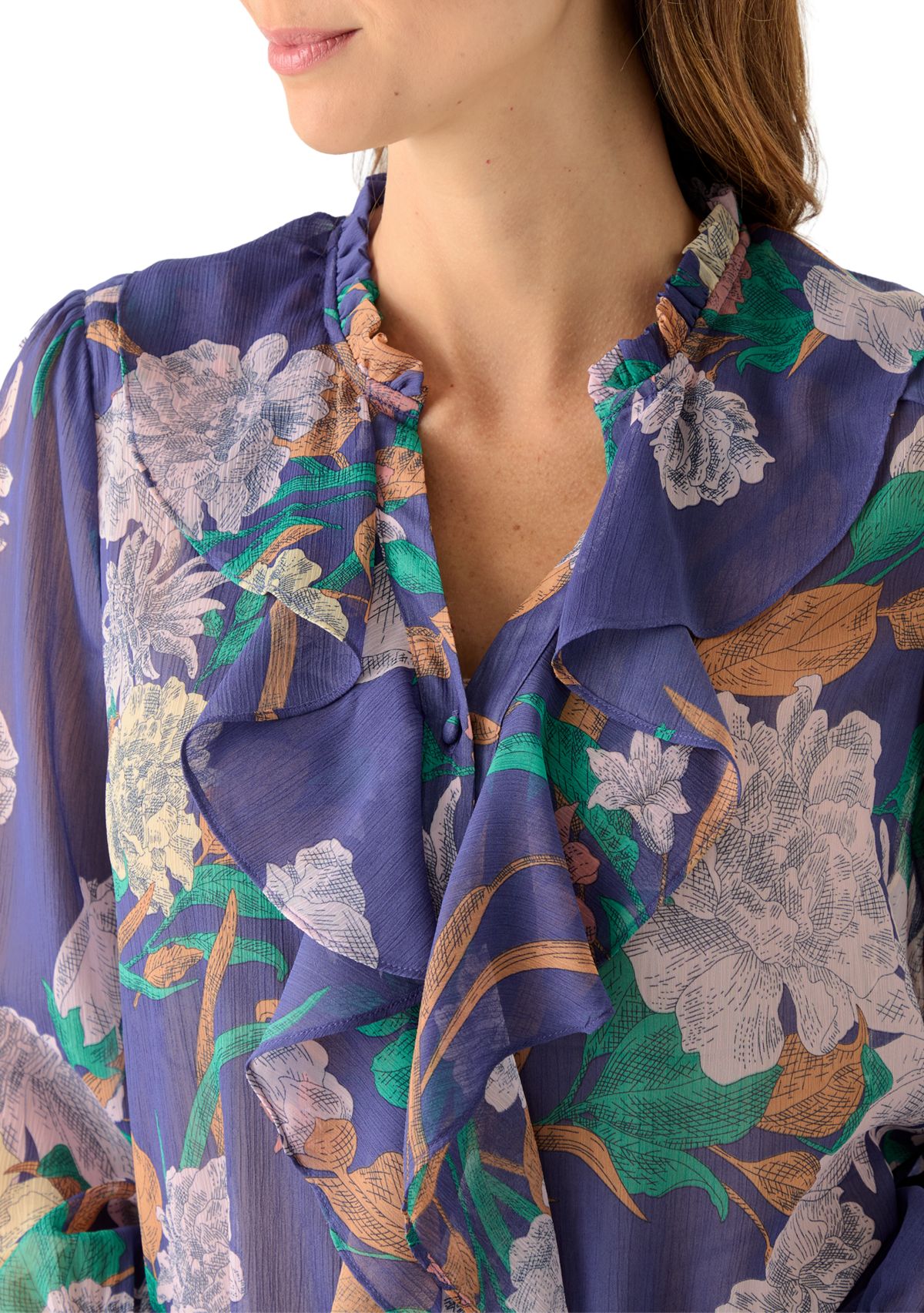 Womens Long Sleeve Ruffle Front Floral Blouse