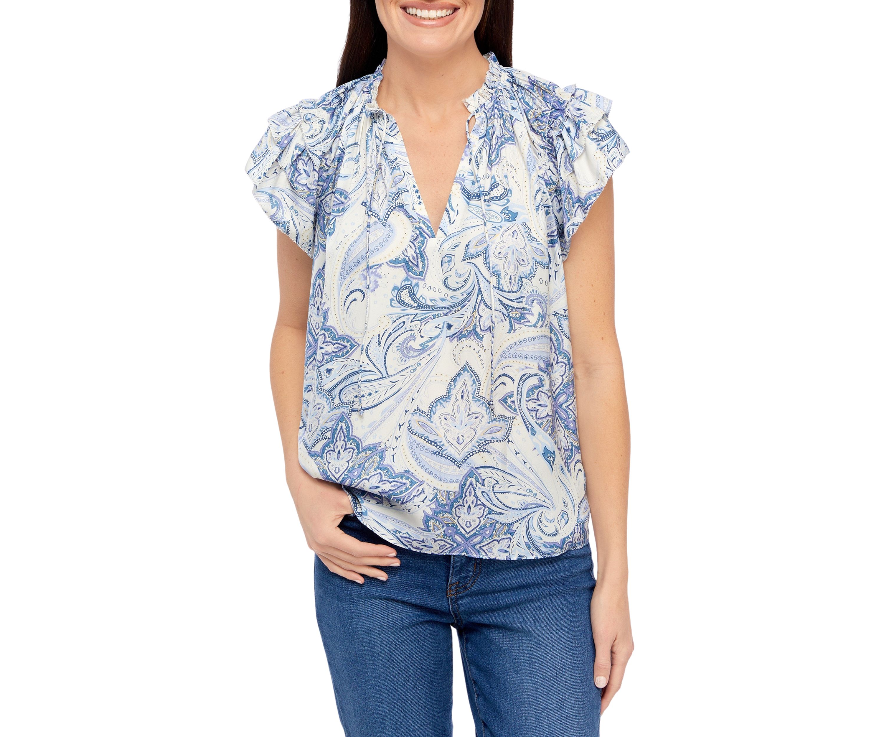 Petite Flutter Sleeve V-Neck Airflow Blouse