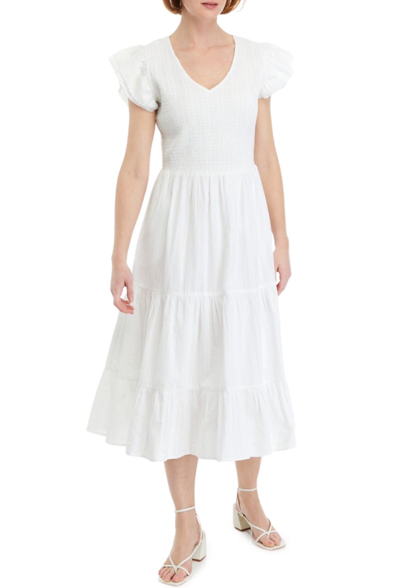Womens Flutter Sleeve Smocked Midi Dress
