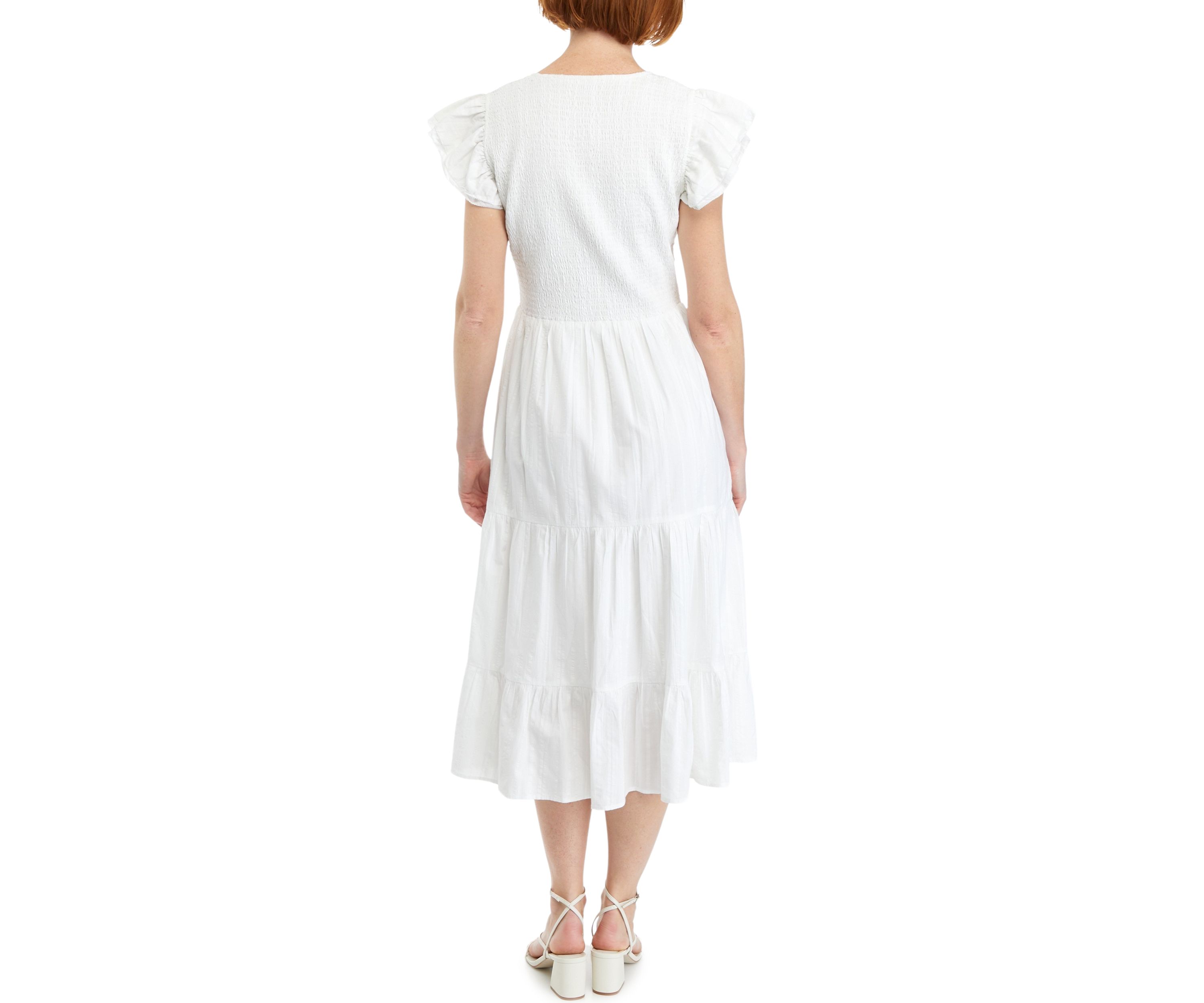 Womens Flutter Sleeve Smocked Midi Dress