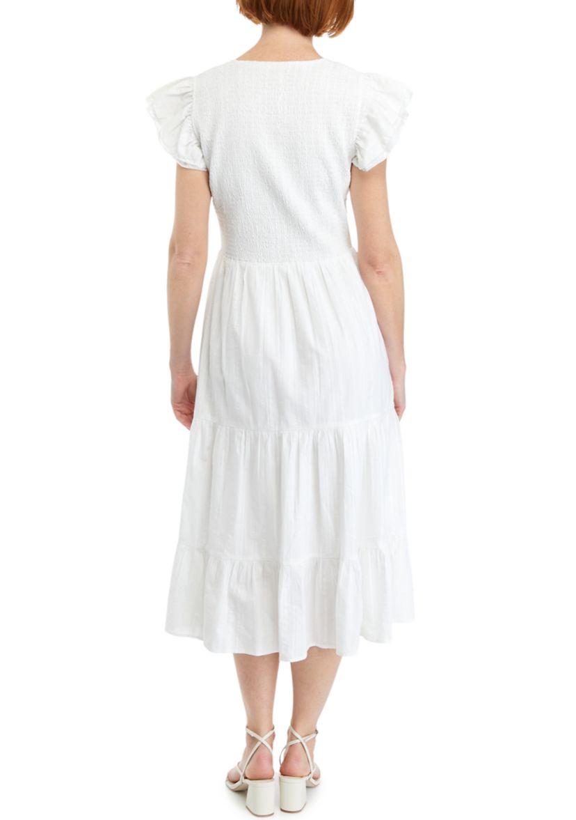 Womens Flutter Sleeve Smocked Midi Dress