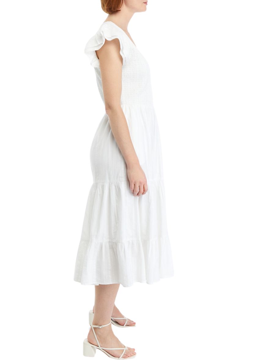 Womens Flutter Sleeve Smocked Midi Dress